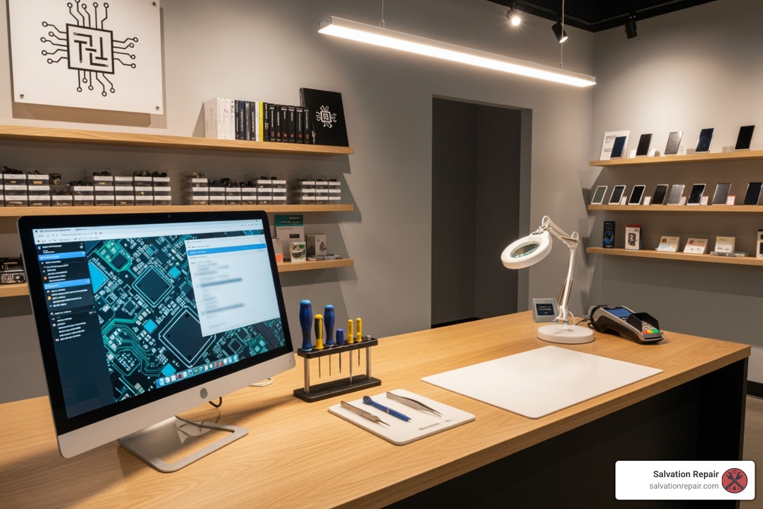 Clean, professional repair shop counter - iphone 16 screen repair