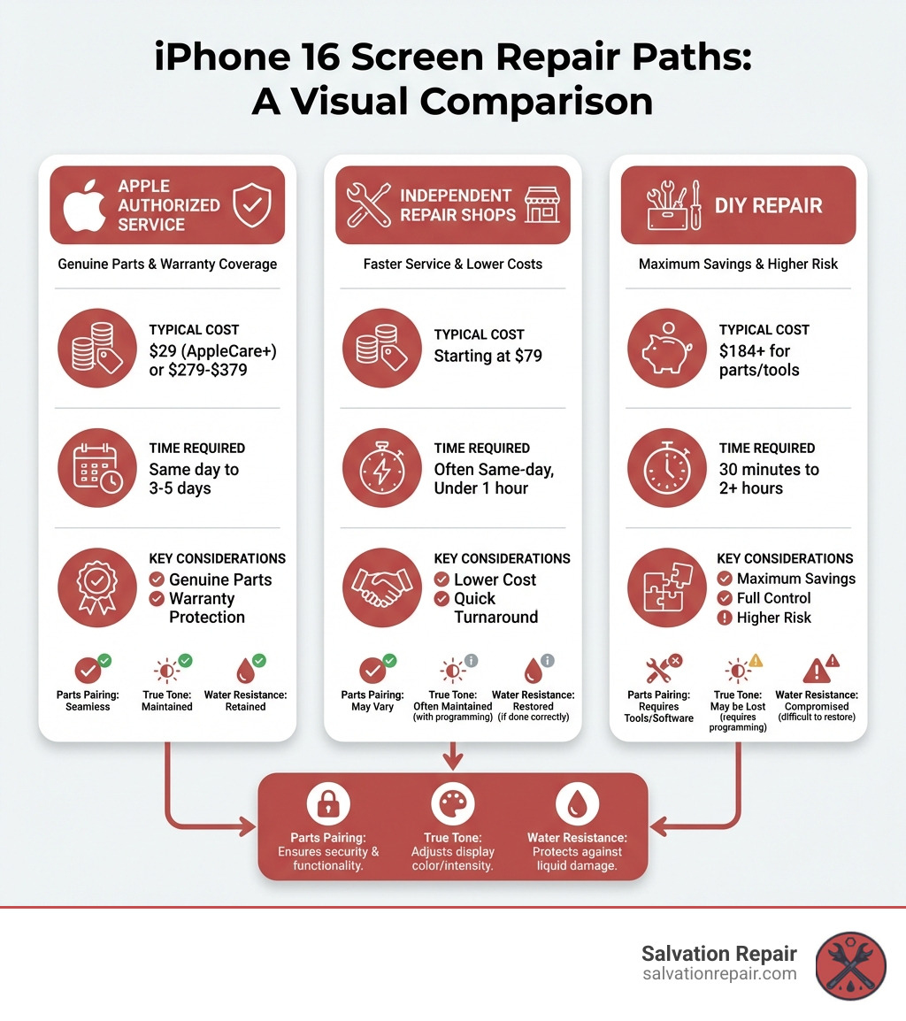 Infographic showing three repair paths: Apple Authorized Service with genuine parts and warranty coverage, Independent Repair Shops with faster service and lower costs, and DIY Repair with maximum savings but higher risk. Each path shows typical costs, time requirements, and key considerations like parts pairing, True Tone functionality, and water resistance. - iphone 16 screen repair infographic 
