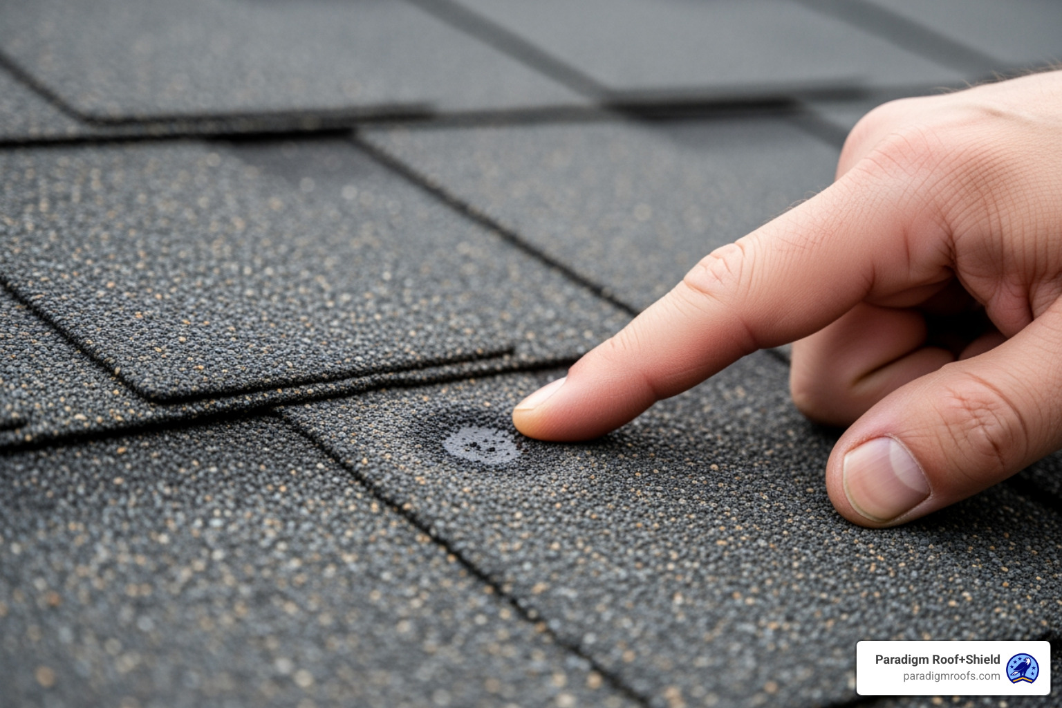 A close-up image of a roofing professional's hand gently touching an asphalt shingle, pointing out a subtle circular A close-up image of a roofing professional's hand gently touching an asphalt shingle, pointing out a subtle circular