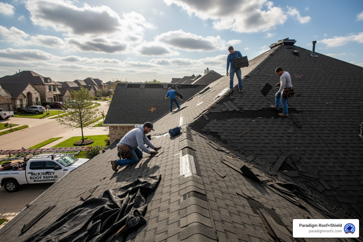 A cross-section diagram of an asphalt shingle showing an external hail impact crater on the granule layer, and an internal dashed line indicating a "bruise" or fracture in the underlying fiberglass mat and asphalt layer that is not visible from the surface. - hail damaged roof repair mckinney tx A cross-section diagram of an asphalt shingle showing an external hail impact crater on the granule layer, and an internal dashed line indicating a "bruise" or fracture in the underlying fiberglass mat and asphalt layer that is not visible from the surface. - hail damaged roof repair mckinney tx