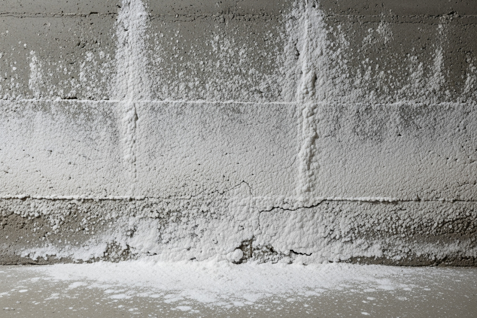 white, powdery efflorescence on a concrete wall - basement water problem white, powdery efflorescence on a concrete wall - basement water problem