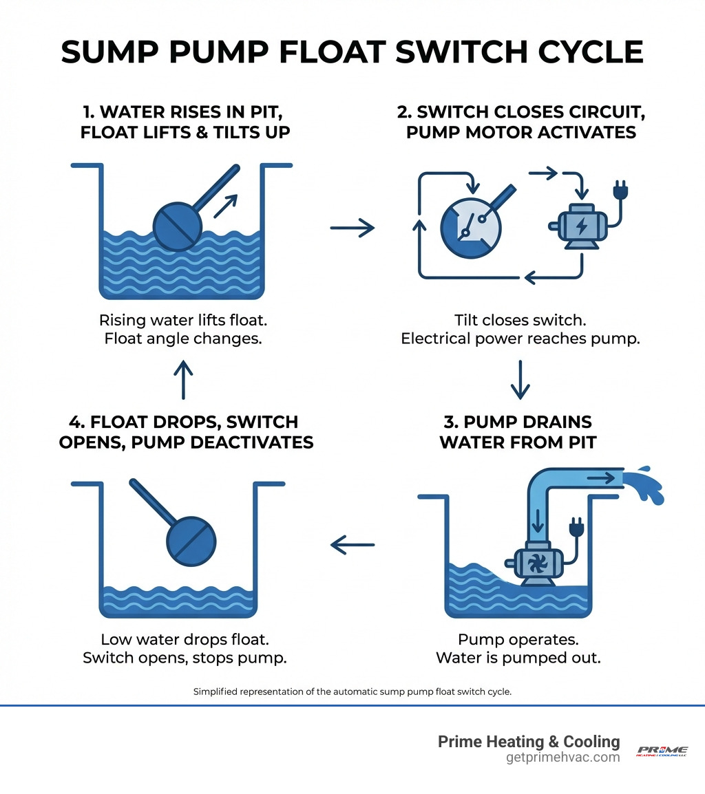 Infographic showing the sump pump float switch cycle: water rises in pit, float lifts and tilts upward, switch closes electrical circuit and activates pump motor, pump drains water from pit, float drops back down, switch opens circuit and deactivates pump - sump pump float switch infographic Infographic showing the sump pump float switch cycle: water rises in pit, float lifts and tilts upward, switch closes electrical circuit and activates pump motor, pump drains water from pit, float drops back down, switch opens circuit and deactivates pump - sump pump float switch infographic