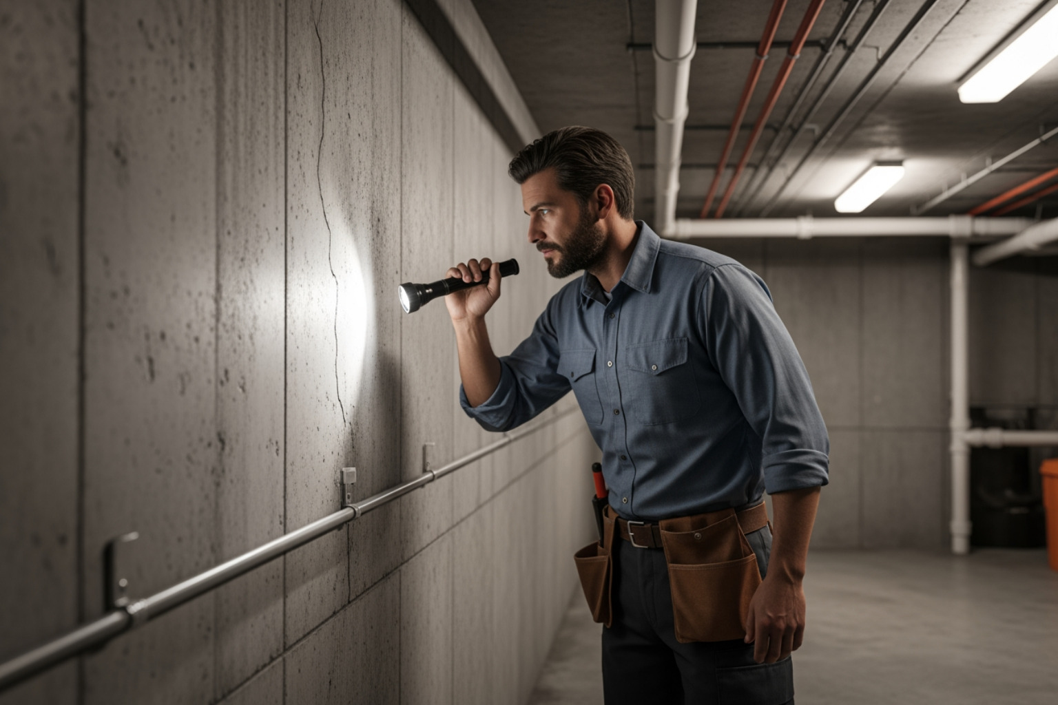 professional contractor inspecting a basement - basement waterproofing nj