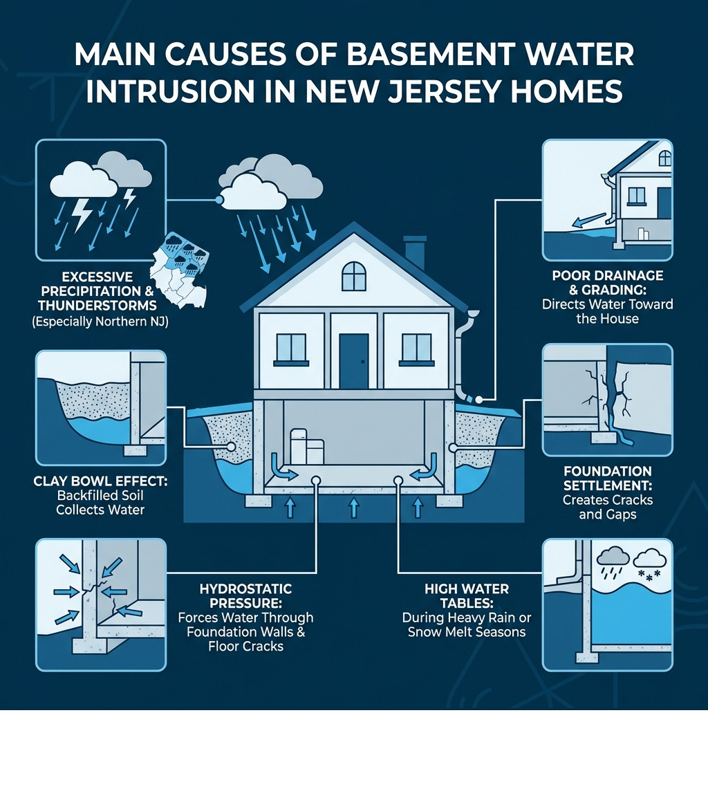 Infographic showing the main causes of basement water intrusion in New Jersey homes, including excessive precipitation and thunderstorms (especially in Northern NJ), the clay bowl effect where backfilled soil collects water around the foundation, hydrostatic pressure forcing water through foundation walls and floor cracks, poor drainage and grading directing water toward the house, foundation settlement creating cracks and gaps, and high water tables during heavy rain or snow melt seasons - basement waterproofing nj infographic 