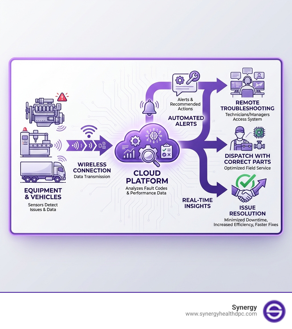 Infographic showing the remote diagnostics workflow: sensors on equipment detect issues and send data via wireless connection to a cloud platform, which analyzes fault codes and performance data, then sends automated alerts with recommended actions to technicians or managers who can troubleshoot remotely or dispatch with the correct parts - Remote diagnostic services infographic 