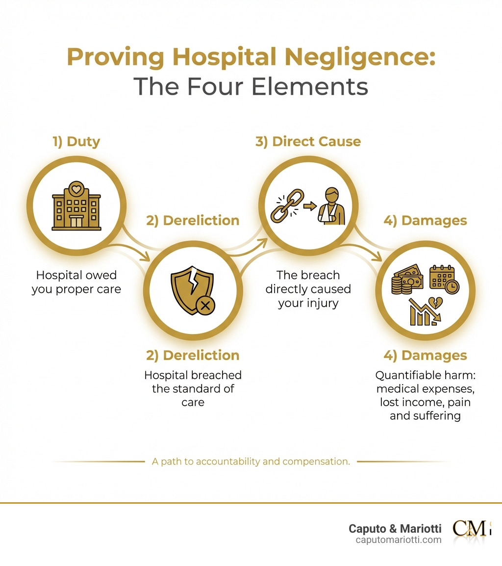Infographic showing the four elements required to prove hospital negligence: 1) Duty - Hospital owed you proper care, 2) Dereliction - Hospital breached the standard of care, 3) Direct Cause - The breach directly caused your injury, 4) Damages - You suffered quantifiable harm including medical expenses, lost income, and pain and suffering - suing hospital for negligence infographic Infographic showing the four elements required to prove hospital negligence: 1) Duty - Hospital owed you proper care, 2) Dereliction - Hospital breached the standard of care, 3) Direct Cause - The breach directly caused your injury, 4) Damages - You suffered quantifiable harm including medical expenses, lost income, and pain and suffering - suing hospital for negligence infographic