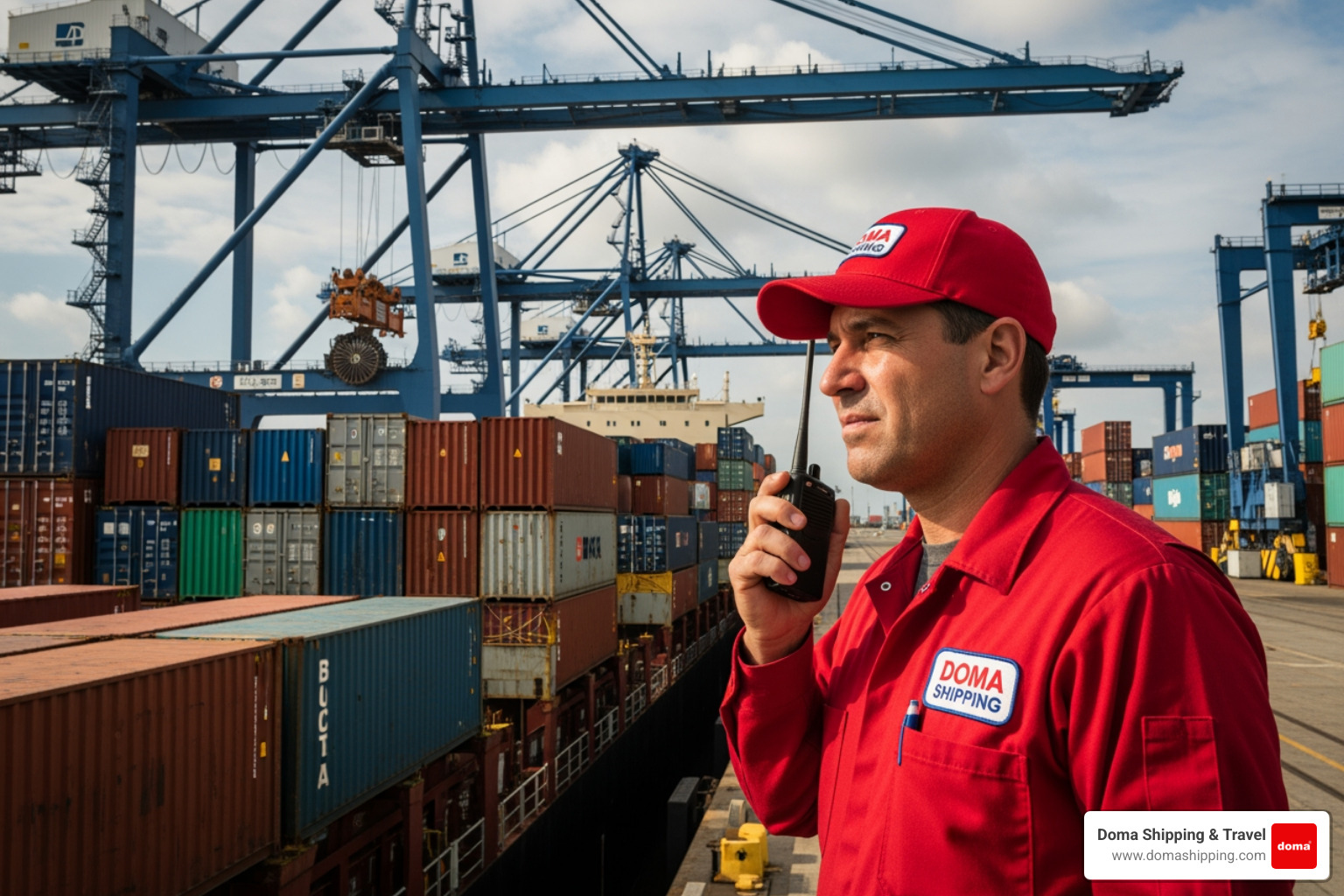 A Doma Shipping worker in a red uniform overseeing containers being loaded at a Chicago port - international container transport A Doma Shipping worker in a red uniform overseeing containers being loaded at a Chicago port - international container transport