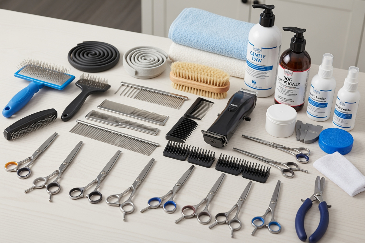 complete dog grooming toolkit laid out - dog hair grooming
