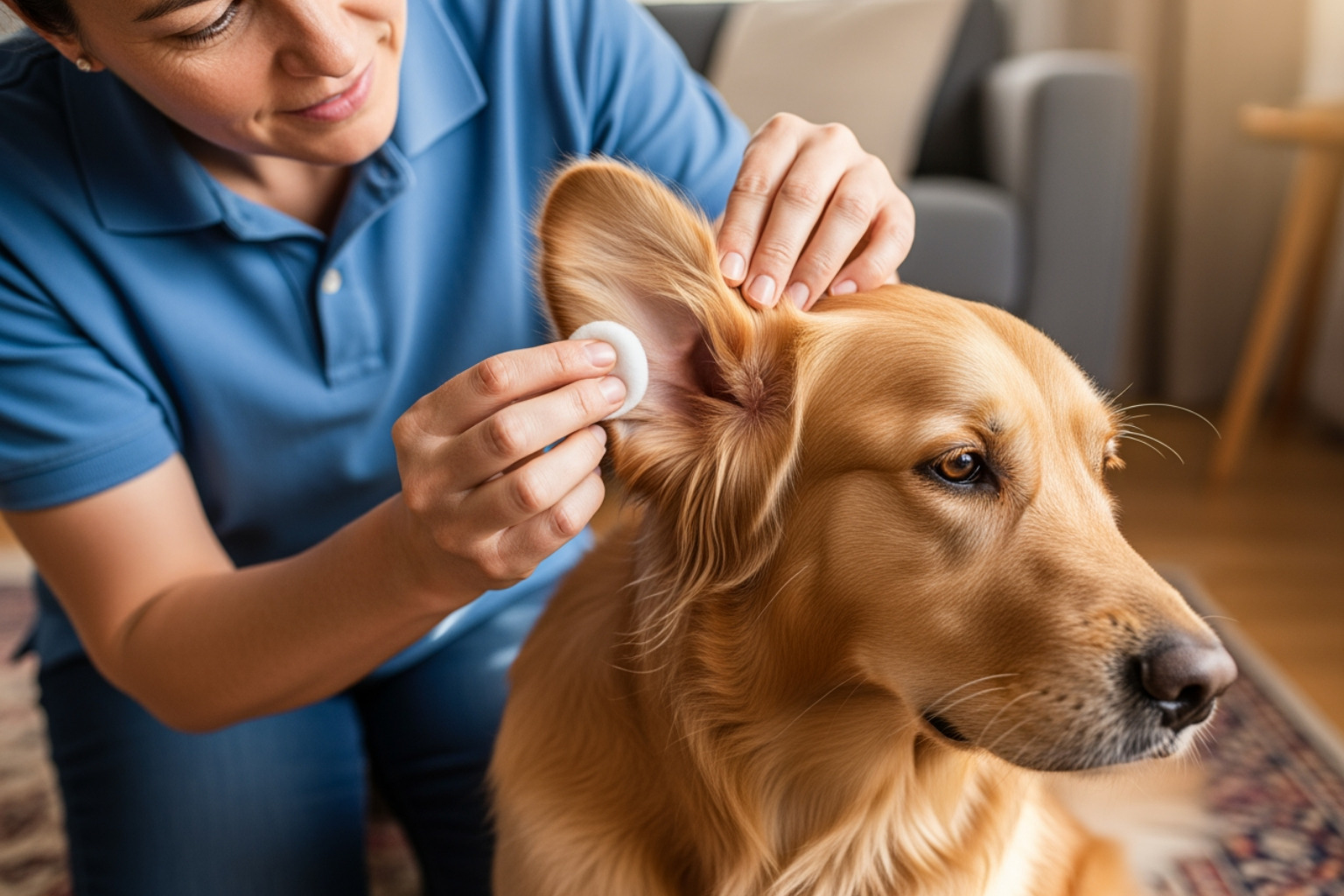 person gently cleaning a dog's ear with a cotton ball - dog hair grooming