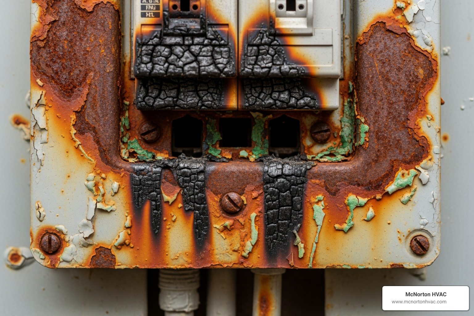 A rusted or corroded electrical panel with visible burn marks - breaker panel maintenance