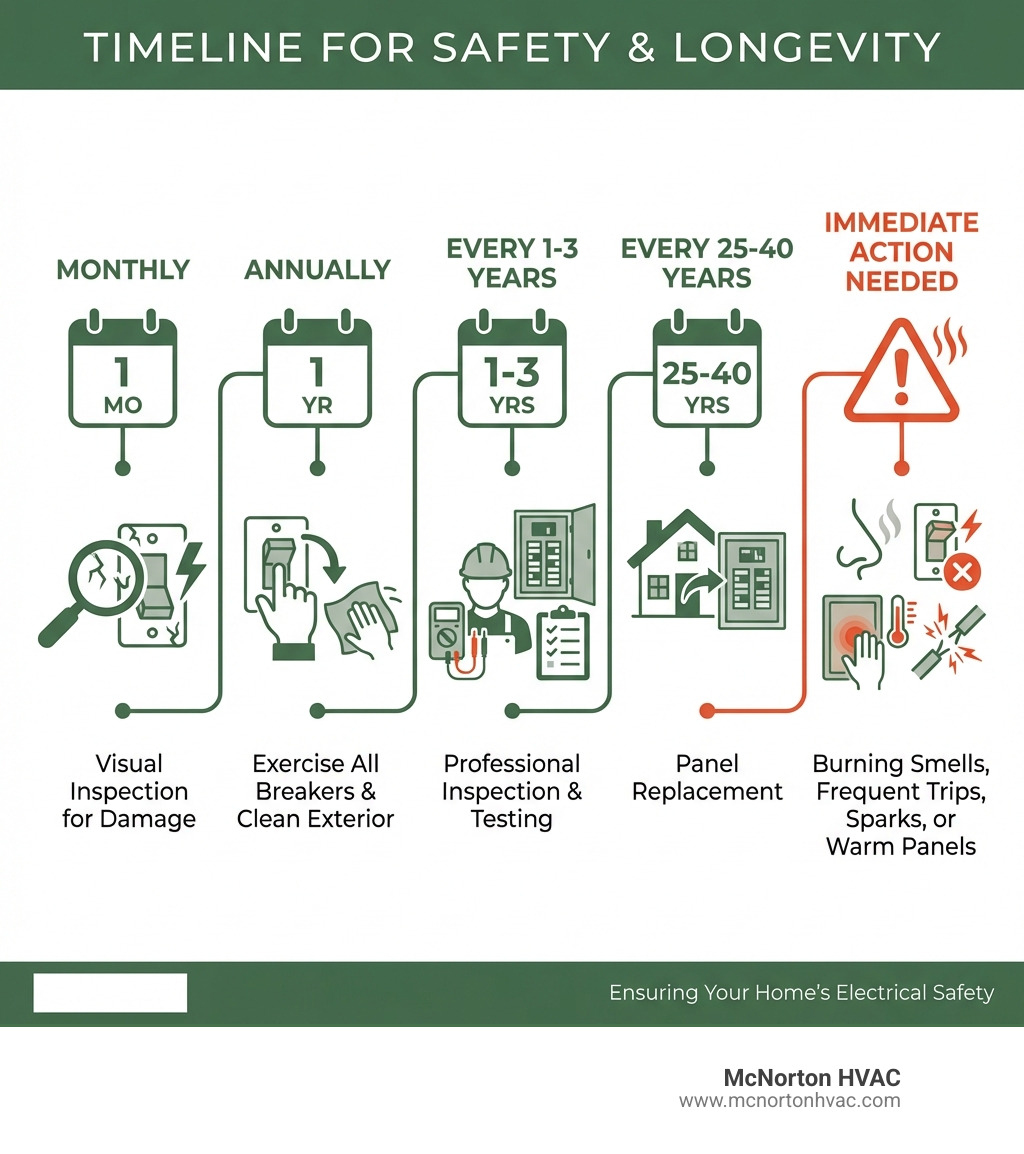 Infographic showing breaker panel maintenance schedule: Monthly - visual inspection for damage; Annually - exercise all breakers and clean exterior; Every 1-3 years - professional inspection and testing; Every 25-40 years - panel replacement; Immediate action needed for - burning smells, frequent trips, sparks, or warm panels - breaker panel maintenance infographic 