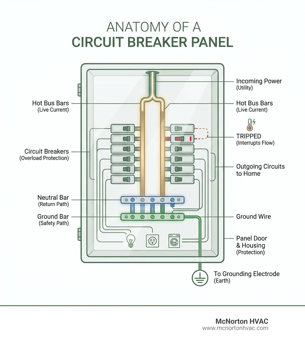 Infographic explaining the anatomy of a circuit breaker panel - breaker panel maintenance infographic 