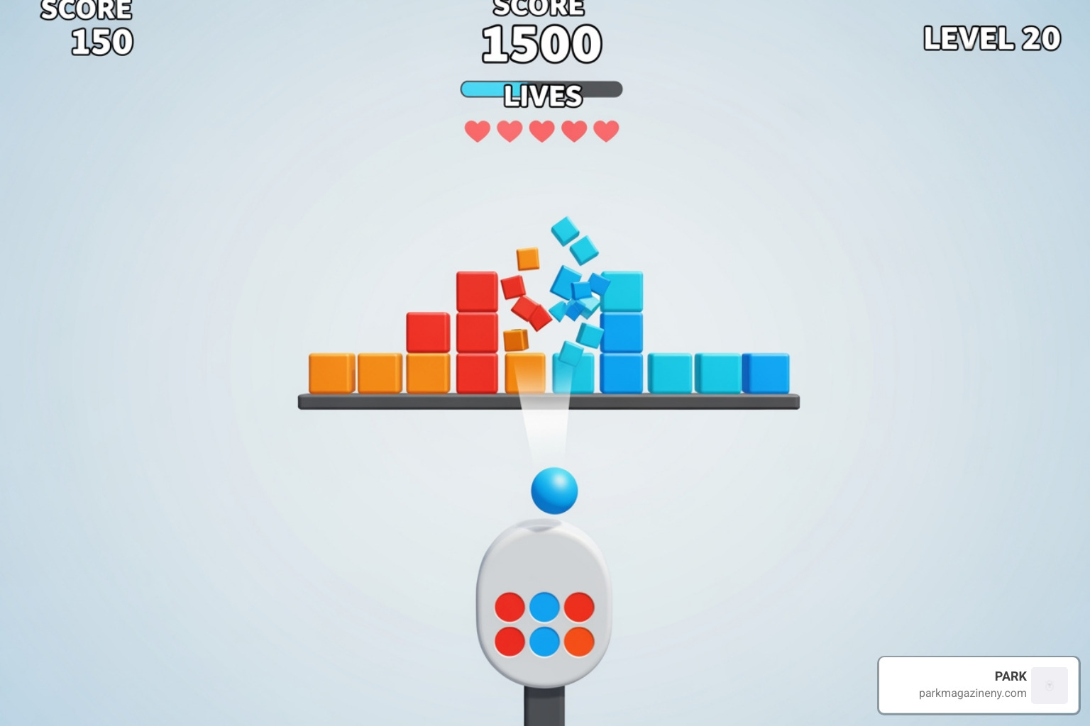 Game interface with HUD elements like score, lives, and level number highlighted. - google block breaker