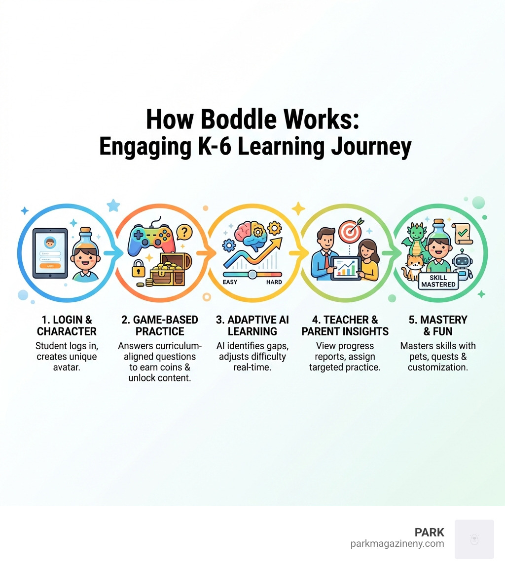 Infographic showing how Boddle works: Student logs in and creates customized character, student answers curriculum-aligned questions in game format to earn coins and unlock content, adaptive AI identifies learning gaps and adjusts difficulty in real-time, teachers and parents view progress reports and assign targeted practice, student masters skills while having fun with pets quests and customization - boddle infographic 