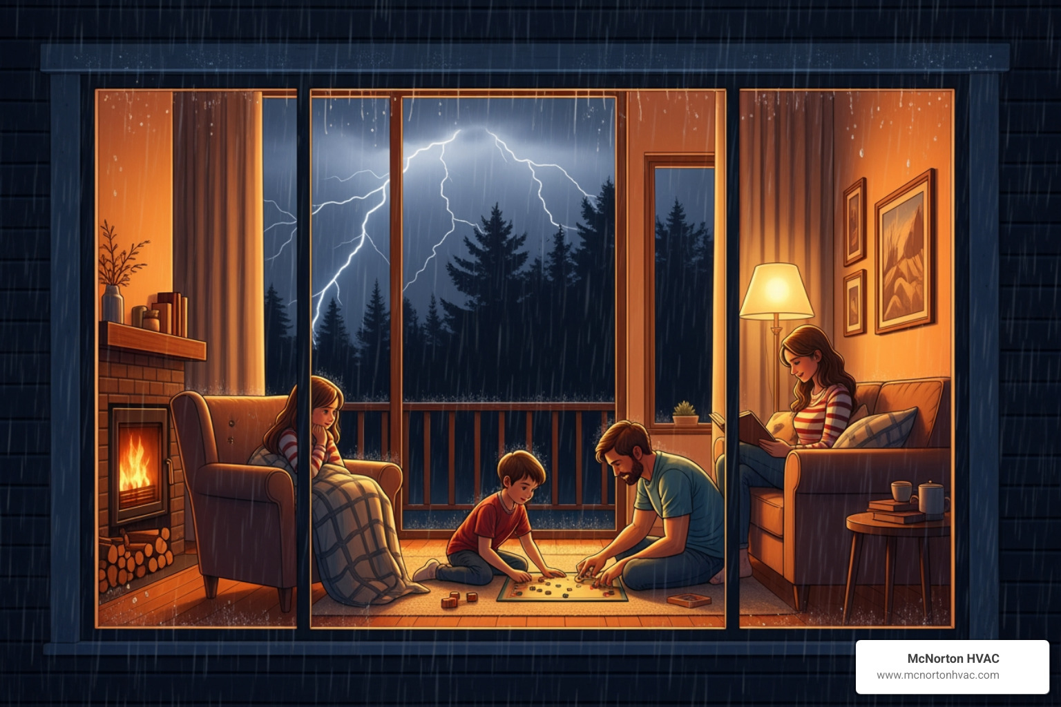family comfortably inside their lit home during a nighttime storm, viewed from outside - cost to install generator family comfortably inside their lit home during a nighttime storm, viewed from outside - cost to install generator