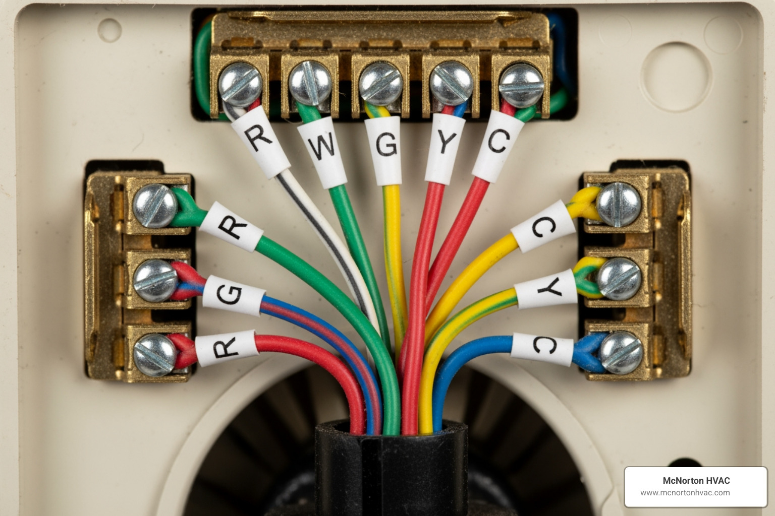 old thermostat wiring with labels attached to each wire - smart thermostat install