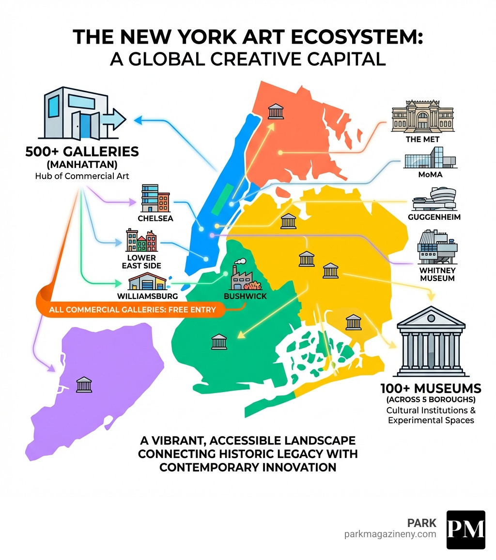 Infographic showing New York City's art ecosystem: 500+ galleries in Manhattan, 100+ museums across five boroughs, major art districts including Chelsea, Lower East Side, Bushwick, and Williamsburg, with all commercial galleries offering free entry and notable institutions like The Met, MoMA, Guggenheim, and Whitney Museum - new york art scene infographic Infographic showing New York City's art ecosystem: 500+ galleries in Manhattan, 100+ museums across five boroughs, major art districts including Chelsea, Lower East Side, Bushwick, and Williamsburg, with all commercial galleries offering free entry and notable institutions like The Met, MoMA, Guggenheim, and Whitney Museum - new york art scene infographic