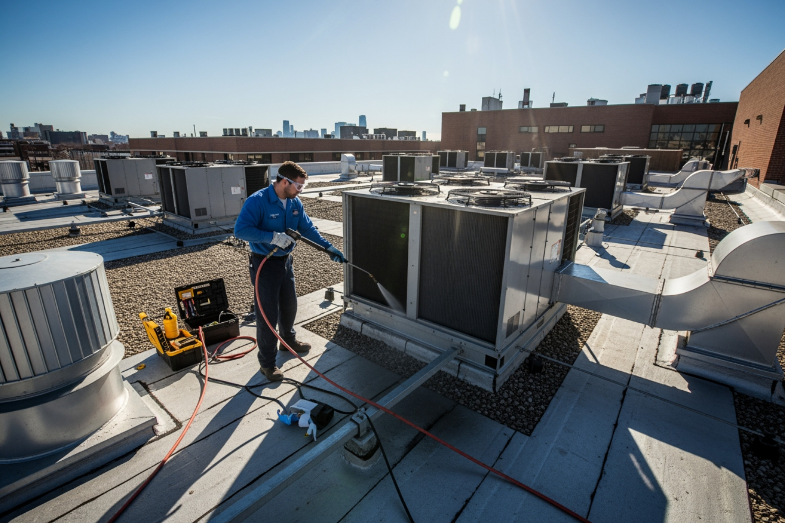 technician cleaning commercial AC unit - air conditioner commercial repair technician cleaning commercial AC unit - air conditioner commercial repair