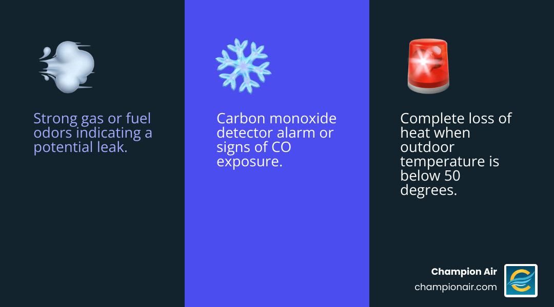Infographic showing three critical warning signs requiring emergency furnace repair: 1. Strong gas or fuel odors indicating potential leak, 2. Complete loss of heat when outdoor temperature is below 50 degrees, 3. Carbon monoxide detector alarm or signs of CO exposure - furnace repair 24 hour in phoenix, az infographic 3_facts_emoji_blue