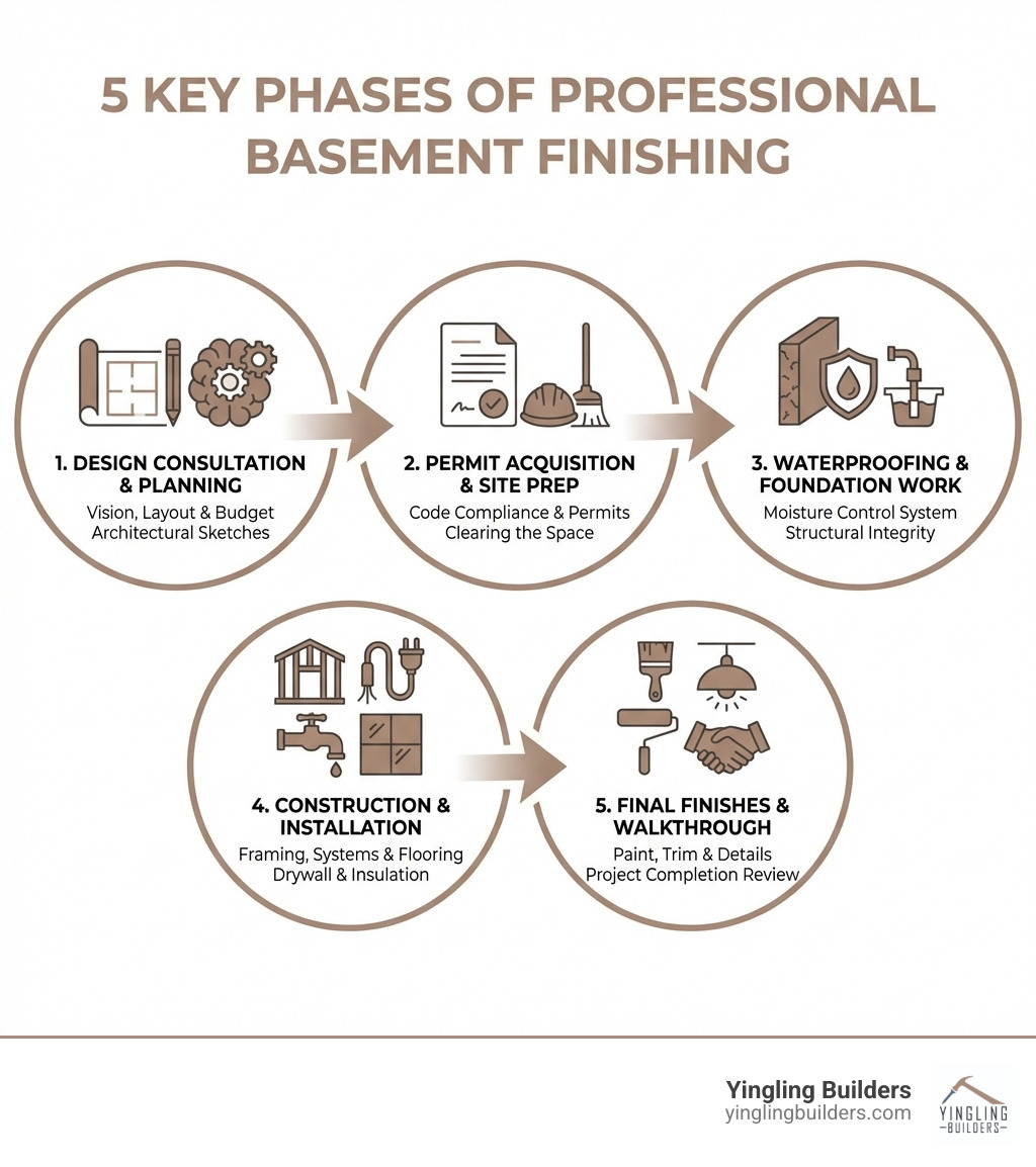 Infographic showing the 5 key phases of professional basement finishing: 1) Initial Design Consultation and Planning, 2) Permit Acquisition and Site Preparation, 3) Waterproofing and Foundation Work, 4) Construction and Installation (framing, electrical, plumbing, flooring), 5) Final Finishes and Walkthrough - basement finishing near me infographic 