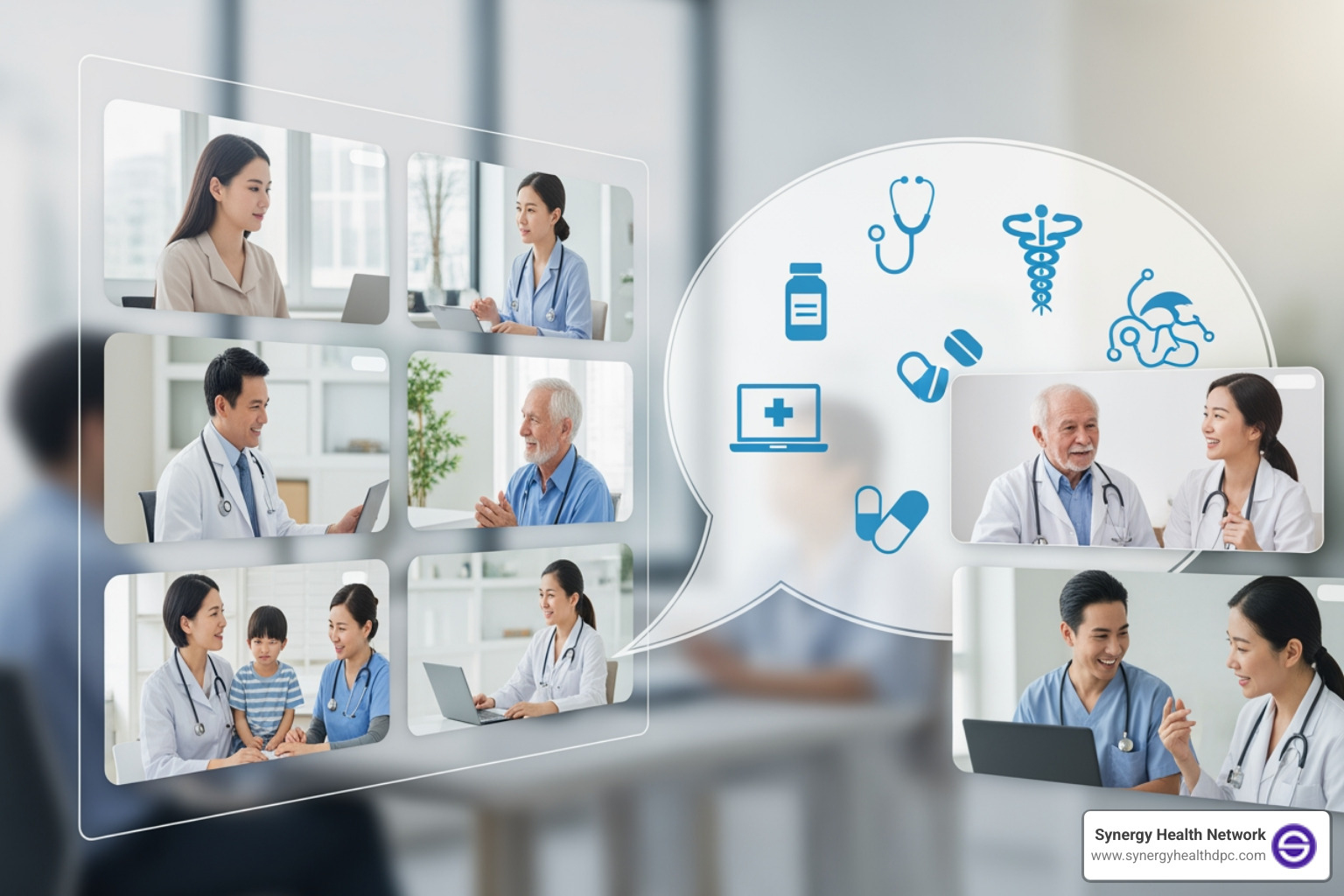 collage showing different ways to access telemedicine: a smartphone, a tablet, and a laptop. - Online doctor services