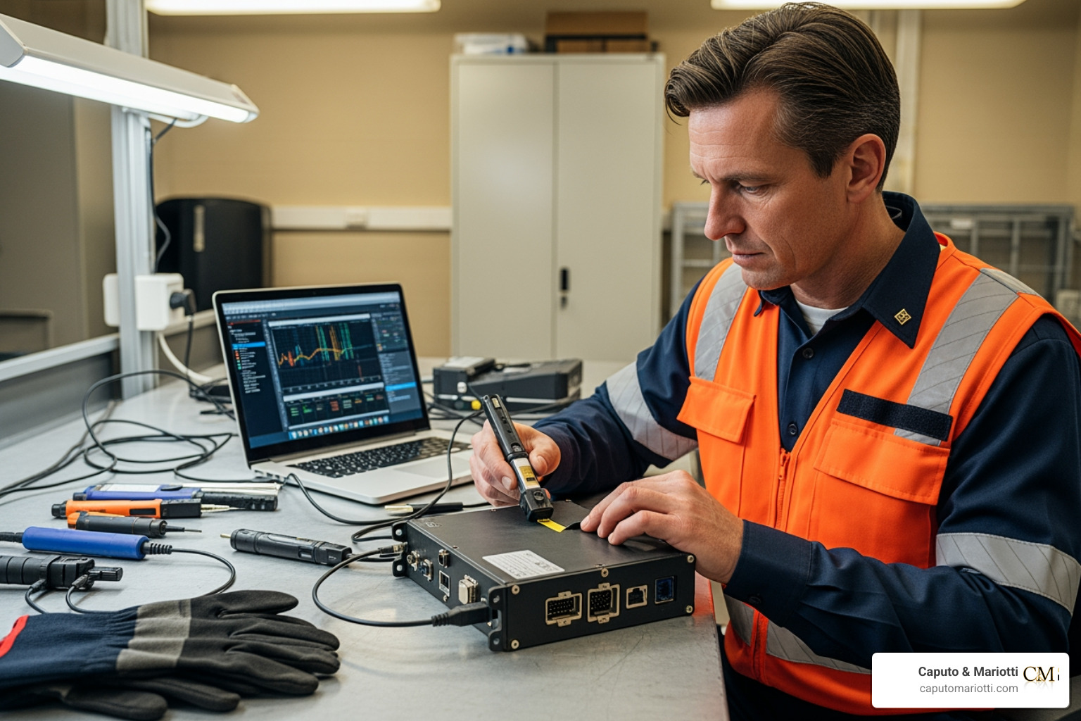 accident investigator examining a truck's black box - 18 wheeler injury attorney accident investigator examining a truck's black box - 18 wheeler injury attorney