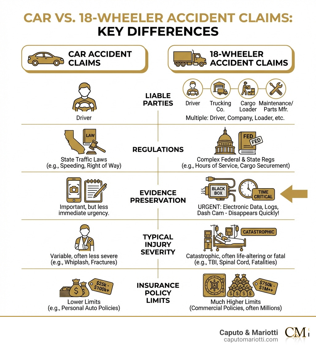 Infographic showing key differences between car accident claims and 18-wheeler accident claims including multiple liable parties federal regulations evidence preservation requirements typical injury severity and insurance policy limits - 18 wheeler injury attorney infographic Infographic showing key differences between car accident claims and 18-wheeler accident claims including multiple liable parties federal regulations evidence preservation requirements typical injury severity and insurance policy limits - 18 wheeler injury attorney infographic