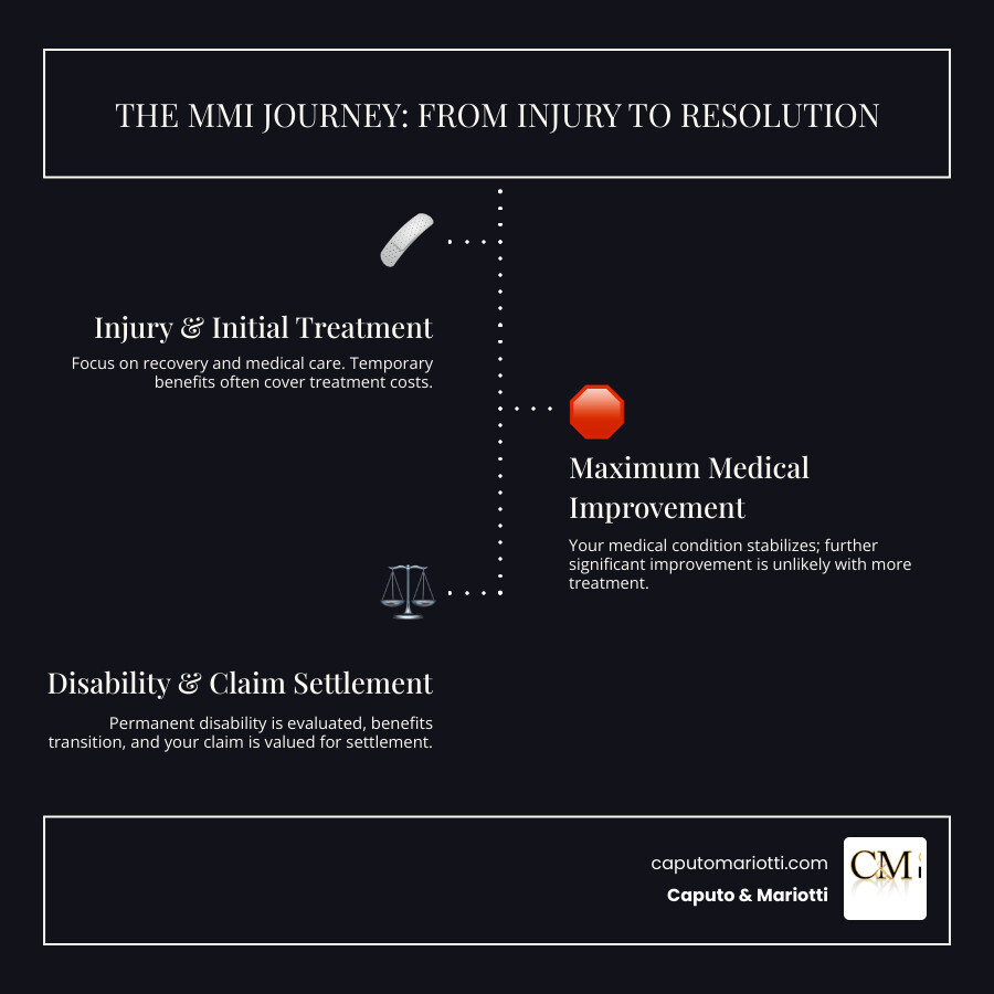 infographic showing timeline from injury through treatment to MMI determination to permanent disability evaluation and settlement - maximum medical improvement infographic infographic-line-3-steps-dark infographic showing timeline from injury through treatment to MMI determination to permanent disability evaluation and settlement - maximum medical improvement infographic infographic-line-3-steps-dark