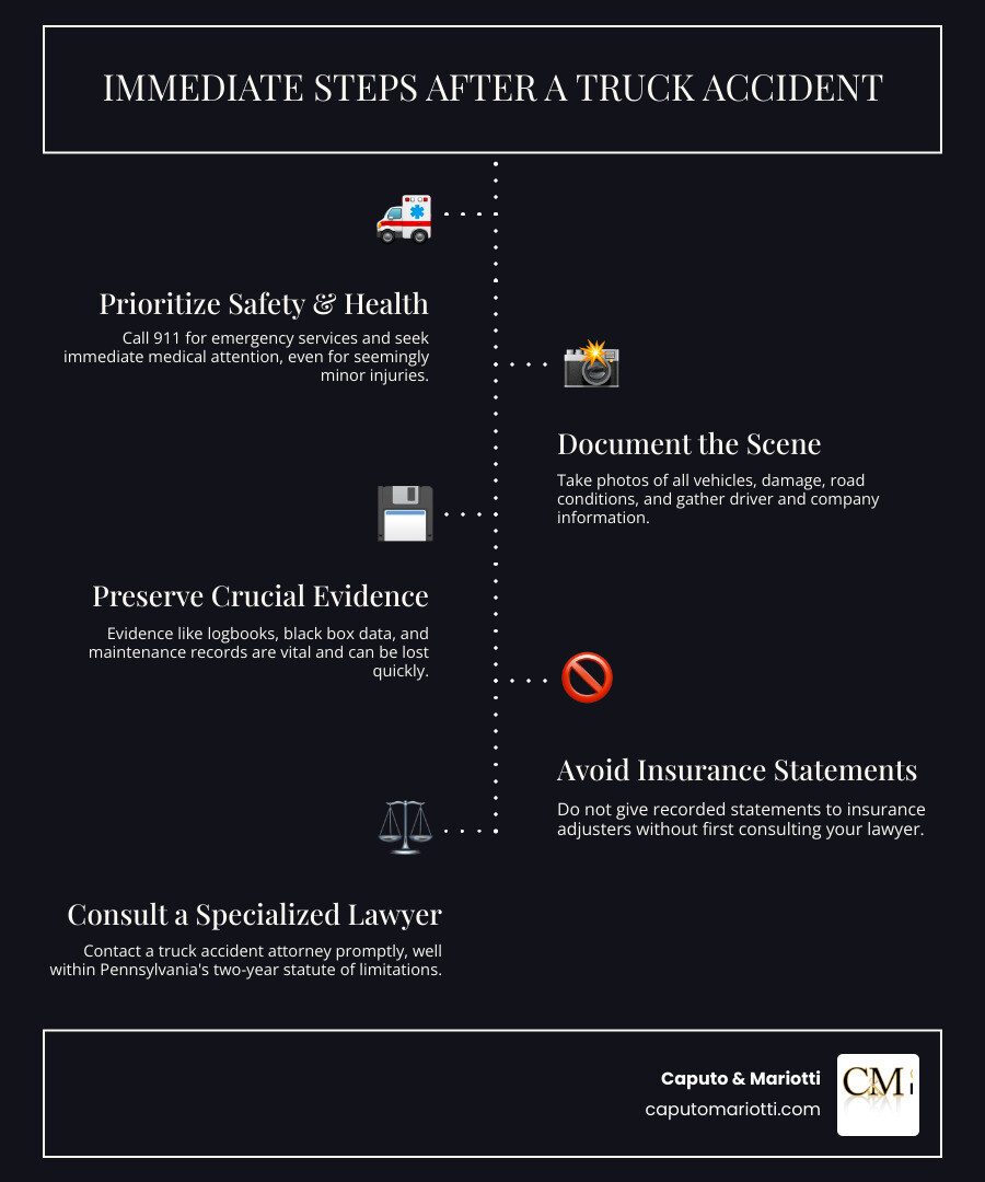 infographic showing immediate steps after a truck accident including calling 911, seeking medical attention, documenting the scene with photos, gathering driver and company information, preserving evidence like logbooks and black box data, avoiding statements to insurance adjusters, and contacting a specialized truck accident lawyer within Pennsylvania's two-year statute of limitations - truck accident lawyer infographic infographic-line-5-steps-dark infographic showing immediate steps after a truck accident including calling 911, seeking medical attention, documenting the scene with photos, gathering driver and company information, preserving evidence like logbooks and black box data, avoiding statements to insurance adjusters, and contacting a specialized truck accident lawyer within Pennsylvania's two-year statute of limitations - truck accident lawyer infographic infographic-line-5-steps-dark
