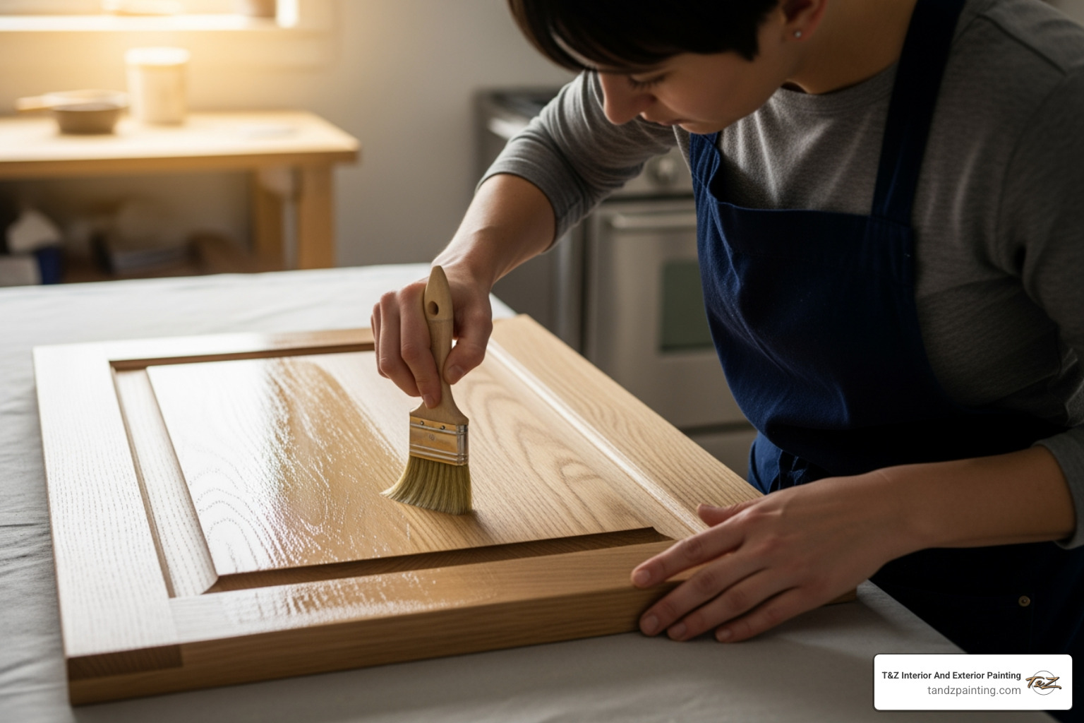 a person carefully applying a clear coat to a cabinet door - bare wood cabinets