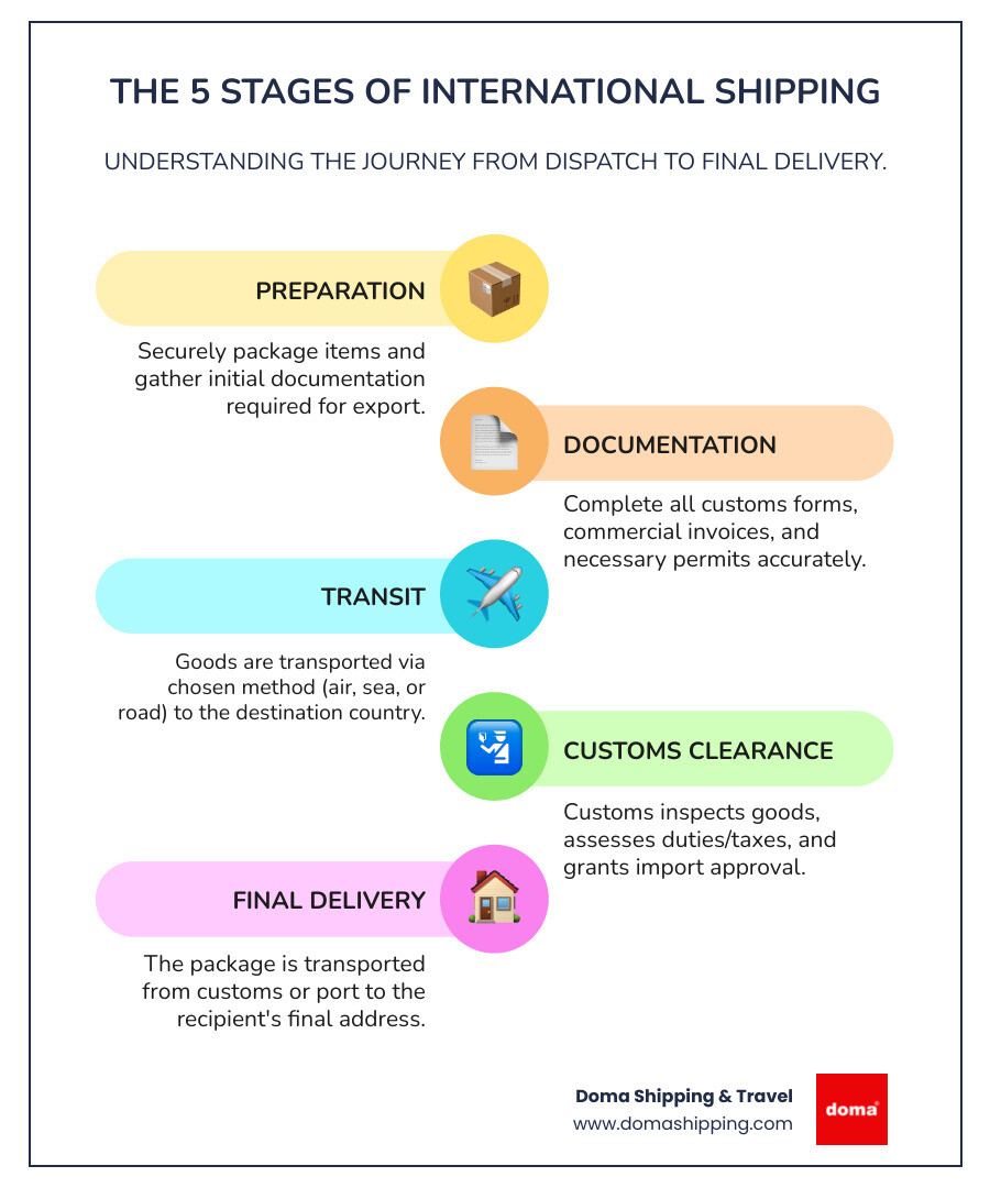 Infographic showing the 5 stages of international shipping: Preparation (package and documentation ready), Documentation (customs forms and commercial invoice completed), Transit (package moves via sea or air), Customs Clearance (duties paid and import approval), and Final Delivery (package reaches recipient) - Best international shipping infographic infographic-line-5-steps-colors Infographic showing the 5 stages of international shipping: Preparation (package and documentation ready), Documentation (customs forms and commercial invoice completed), Transit (package moves via sea or air), Customs Clearance (duties paid and import approval), and Final Delivery (package reaches recipient) - Best international shipping infographic infographic-line-5-steps-colors