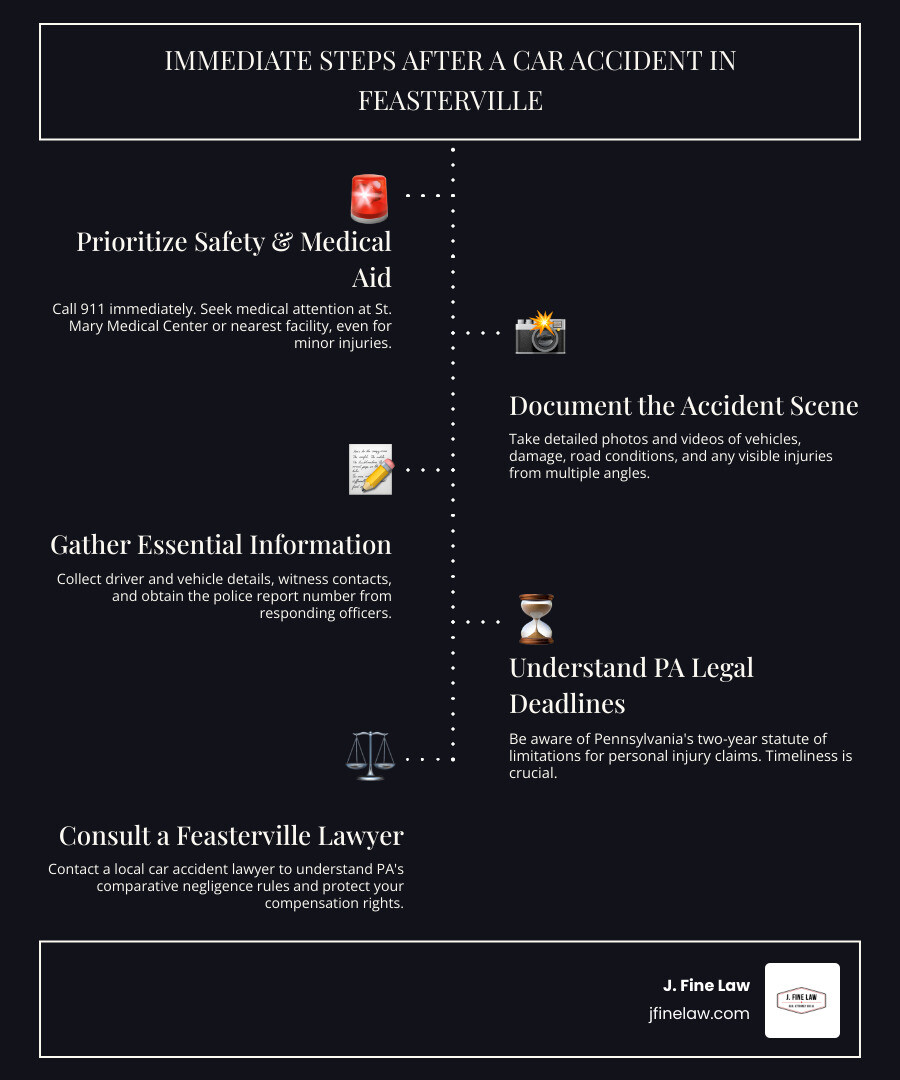 infographic showing steps after a car accident: call 911, seek medical attention at St. Mary Medical Center, document the scene with photos, gather driver and witness information, obtain police report number, contact a Feasterville car accident lawyer within two years, understand Pennsylvania comparative negligence rules - car accident lawyer feasterville* infographic infographic-line-5-steps-dark infographic showing steps after a car accident: call 911, seek medical attention at St. Mary Medical Center, document the scene with photos, gather driver and witness information, obtain police report number, contact a Feasterville car accident lawyer within two years, understand Pennsylvania comparative negligence rules - car accident lawyer feasterville* infographic infographic-line-5-steps-dark