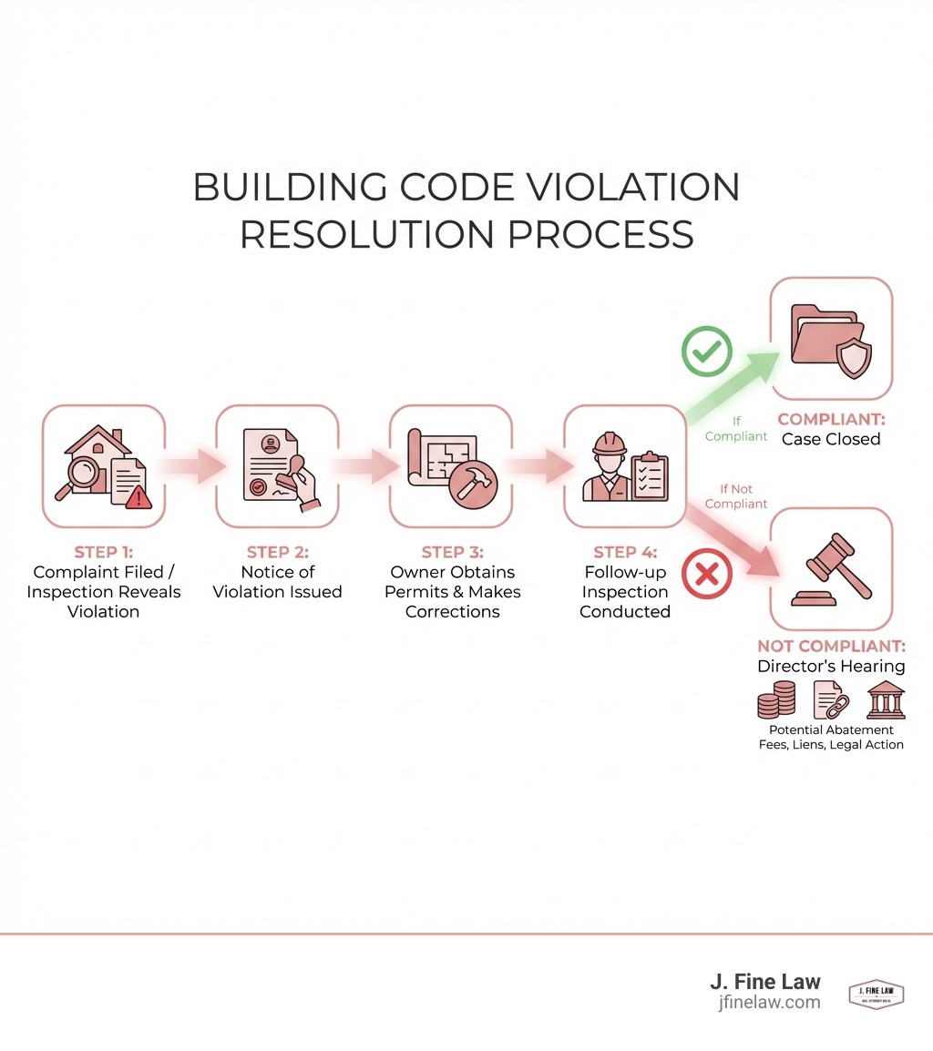Infographic showing the building code violation resolution process: Step 1 - Complaint filed or inspection reveals violation; Step 3 - Property owner obtains permits if needed and makes corrections; Step 4 - Inspector conducts follow-up inspection; Step 5 - If compliant, case closed; if not, Director's Hearing scheduled with potential for abatement fees, liens, or legal action - building code violations infographic Infographic showing the building code violation resolution process: Step 1 - Complaint filed or inspection reveals violation; Step 3 - Property owner obtains permits if needed and makes corrections; Step 4 - Inspector conducts follow-up inspection; Step 5 - If compliant, case closed; if not, Director's Hearing scheduled with potential for abatement fees, liens, or legal action - building code violations infographic