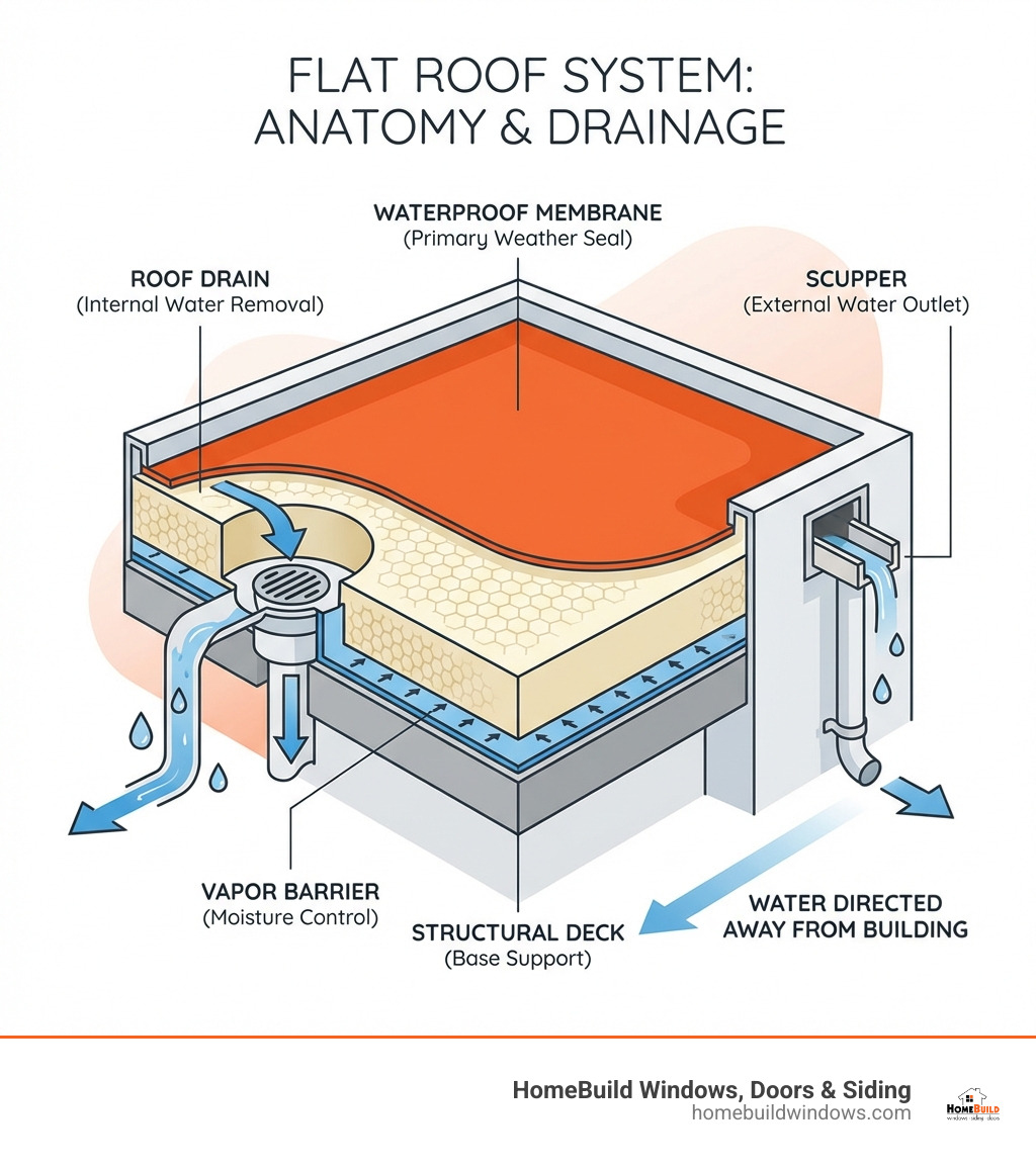 Infographic showing the basic anatomy of a flat roof system with labeled layers: structural deck at bottom, vapor barrier, rigid insulation board, waterproof membrane on top, and drainage components including scuppers or roof drains directing water away from the building - flat roof roofers infographic 
