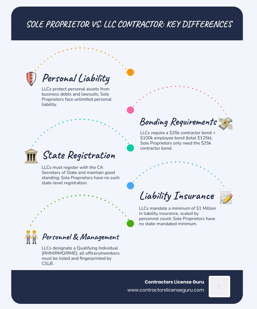 infographic showing key differences between sole proprietorship and LLC for contractors, including liability protection, bonding requirements of $25,000 vs $125,000 total, insurance mandates, personnel requirements, and Secretary of State registration status - llc contractor license infographic infographic-line-5-steps-blues-accent_colors