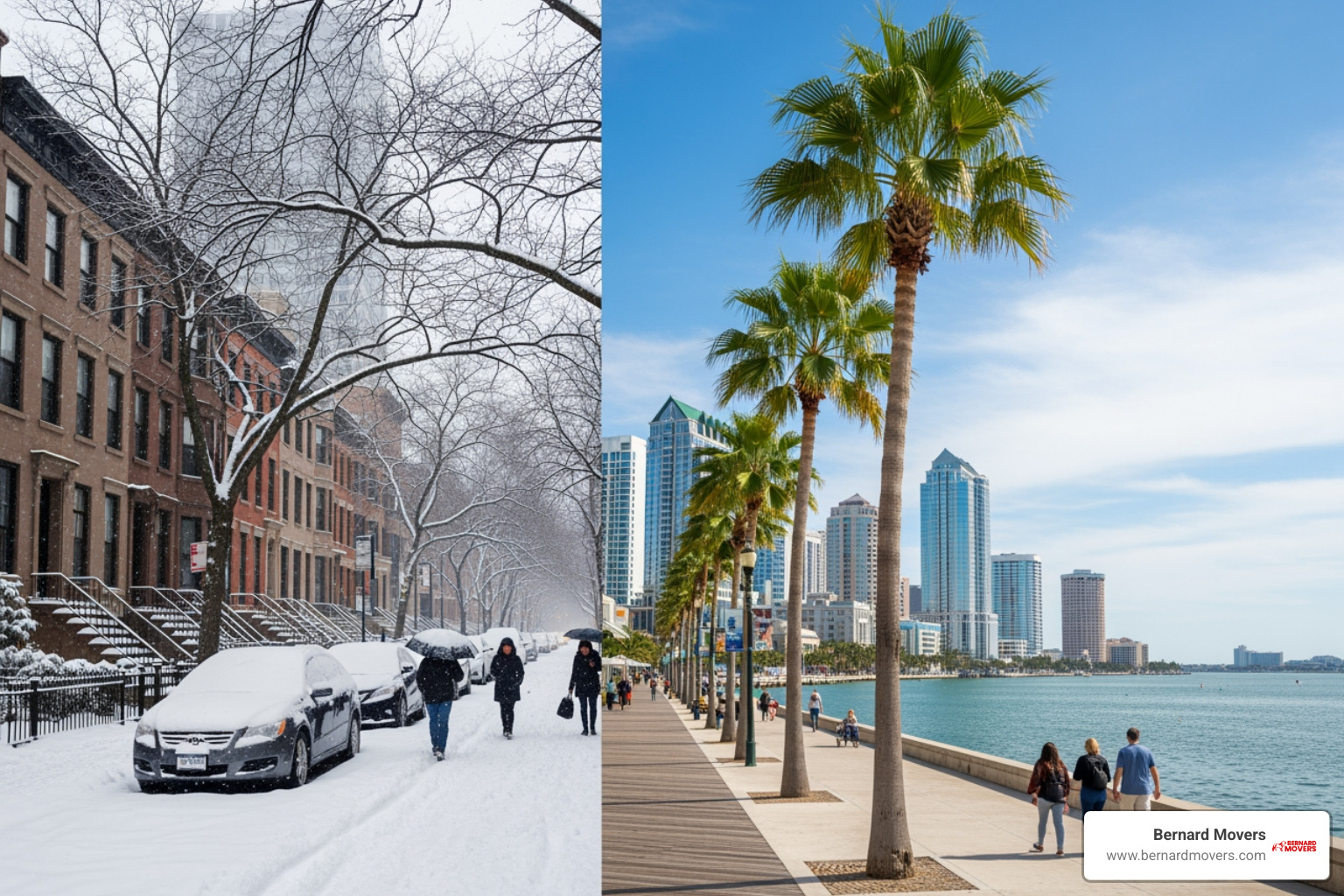 Split screen of snowy Chicago street and sunny Tampa waterfront - cost to move from chicago to tampa