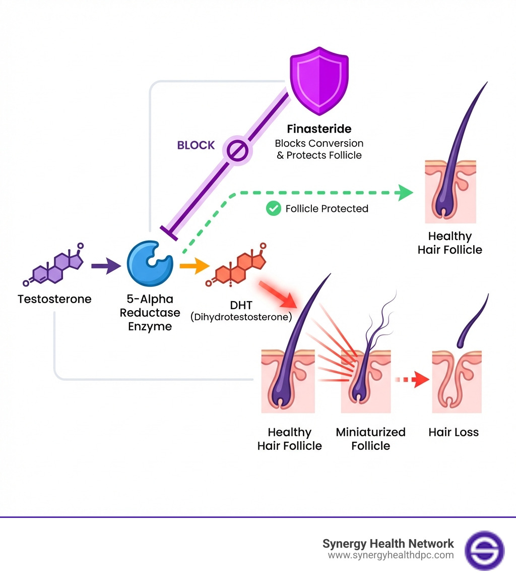 infographic showing the hair loss process: testosterone converts to DHT via 5-alpha reductase enzyme, DHT binds to hair follicles causing miniaturization and eventual hair loss, finasteride blocks the 5-alpha reductase enzyme preventing DHT formation and protecting hair follicles - finasteride 1mg infographic 