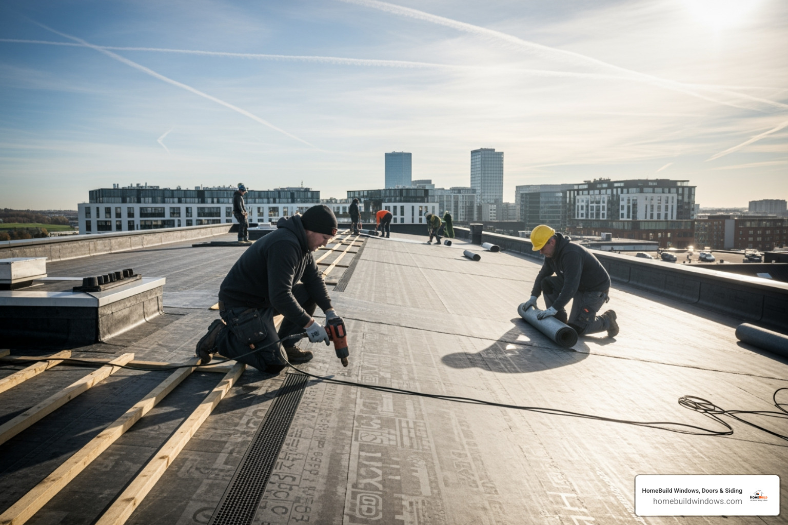 rolls of different flat roofing materials like TPO, EPDM, and Modified Bitumen - flat roof roofers