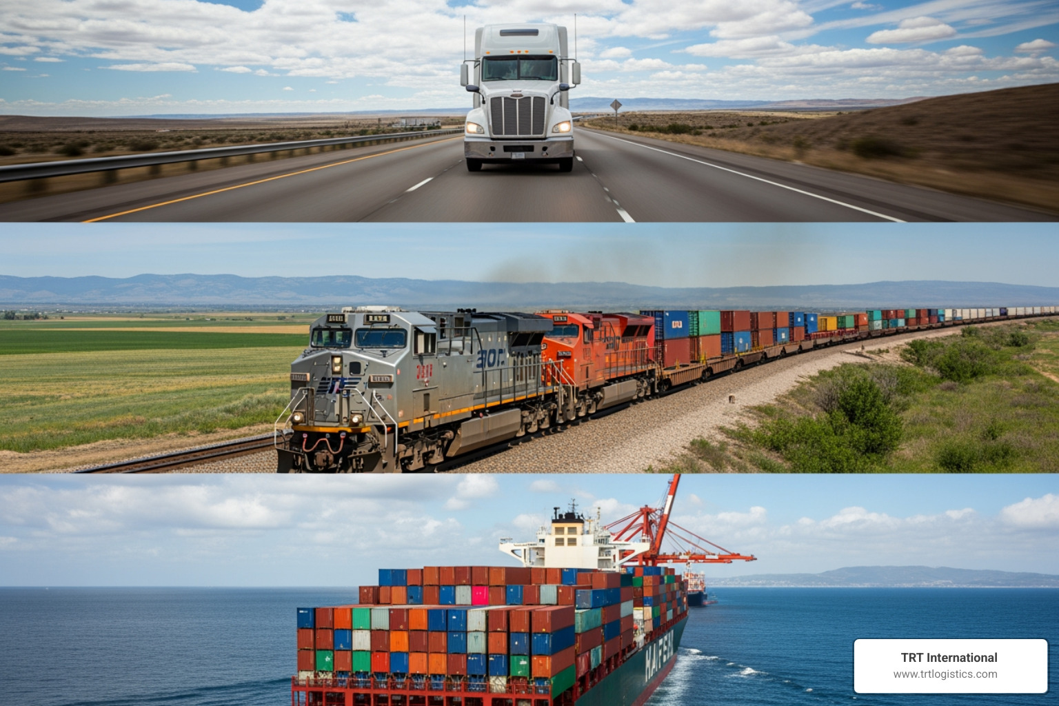 split screen showing a truck on a highway, a train, and a container ship - overweight cargo solutions split screen showing a truck on a highway, a train, and a container ship - overweight cargo solutions