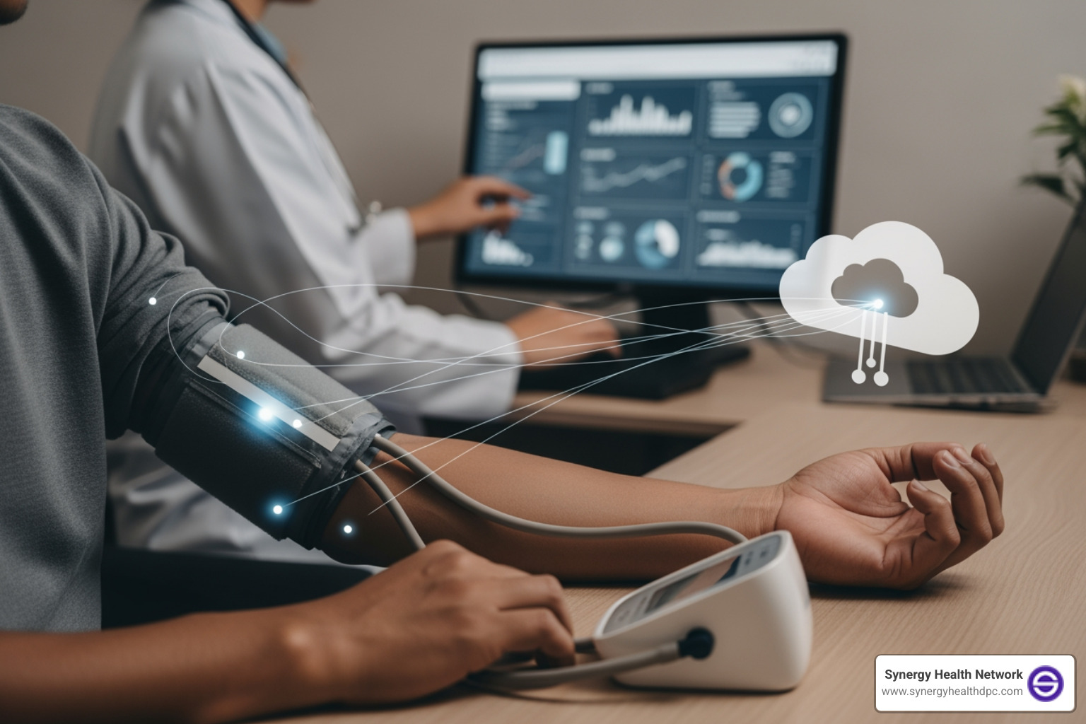A patient using a blood pressure cuff at home, data transmitting to a cloud server, and a clinician viewing results on a dashboard - Remote patient monitoring
