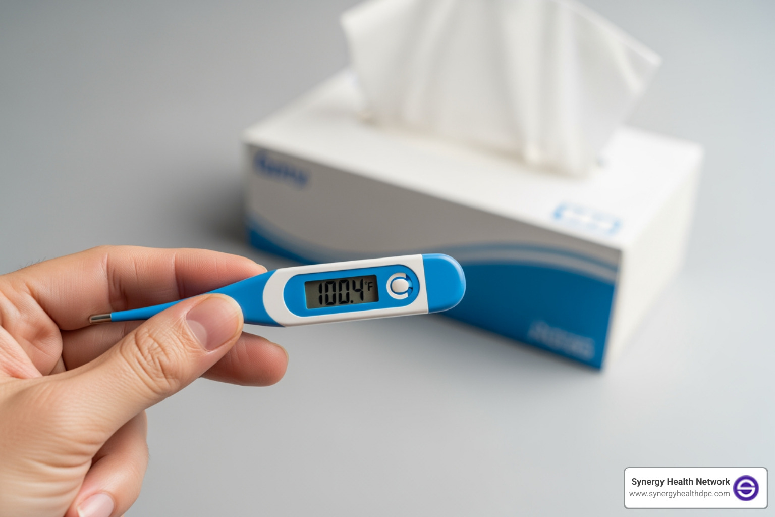 A person's hand holding a thermometer and a box of tissues - Online doctor for cold