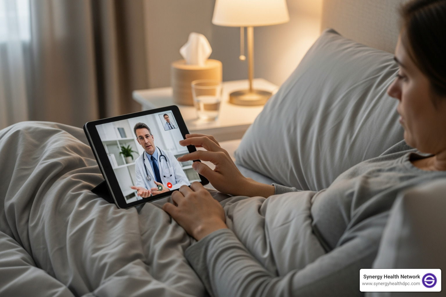 Person resting in bed consulting doctor on tablet - Online doctor for cold
