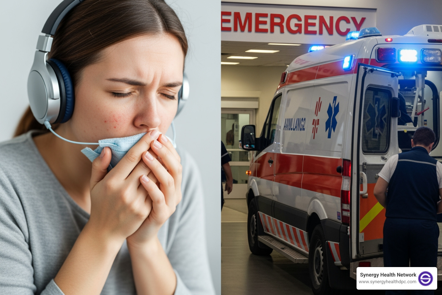 split screen showing treatable conditions and emergency symbols - Remote urgent care