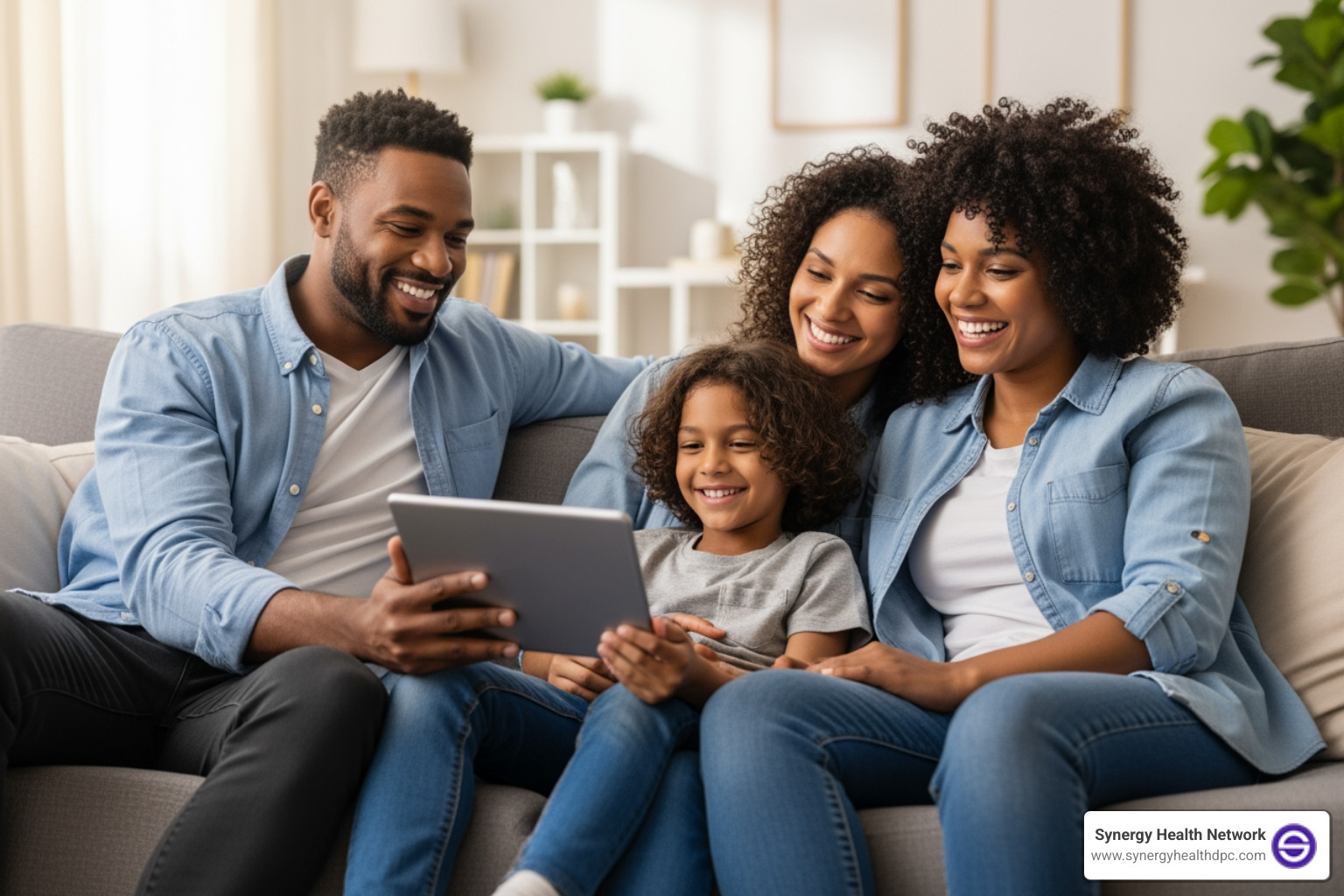 family accessing healthcare from their living room couch - telehealth online doctor family accessing healthcare from their living room couch - telehealth online doctor