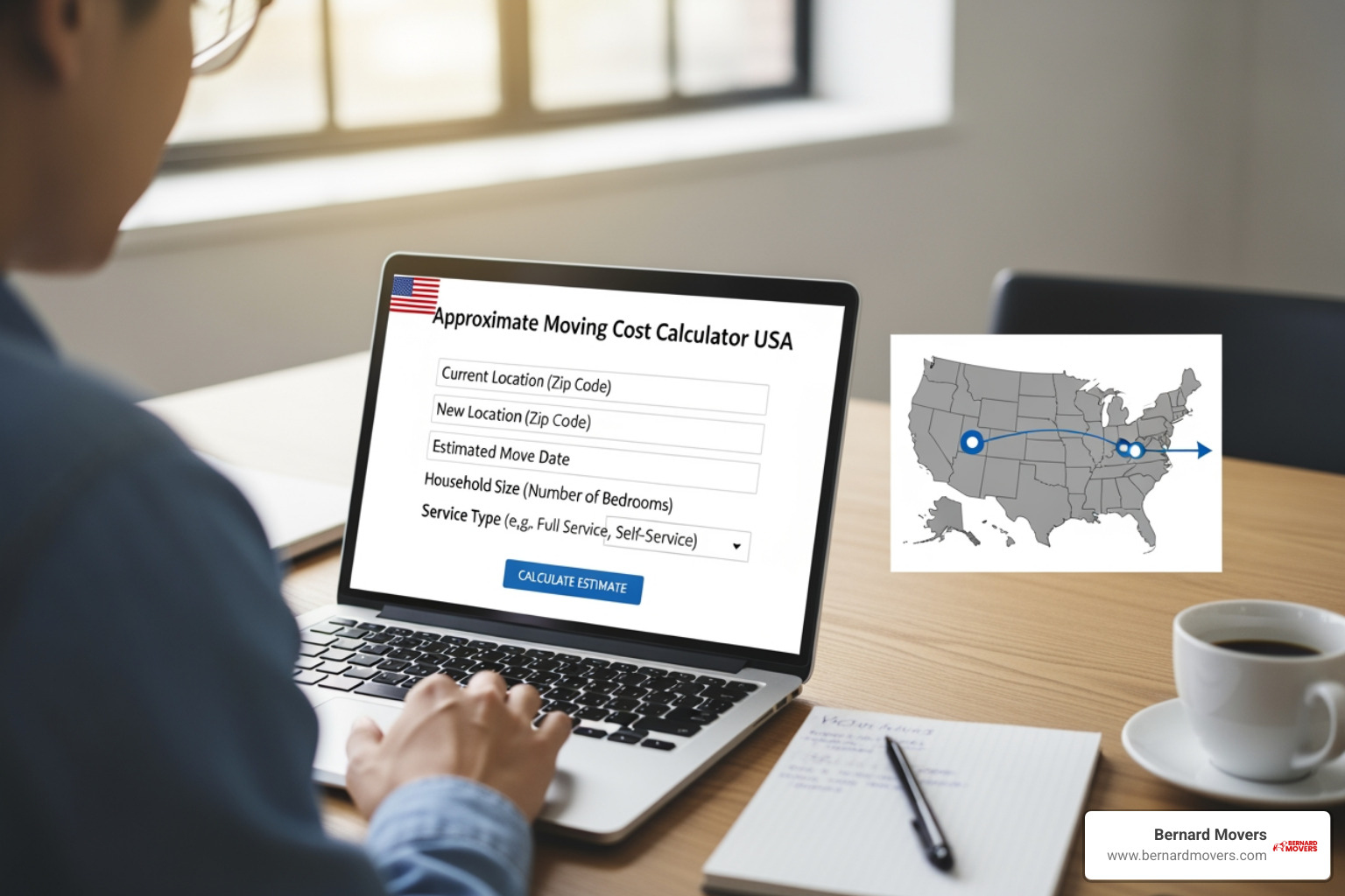 A person using a laptop to view Bernard Movers’ moving cost calculator interface - approximate moving cost calculator usa A person using a laptop to view Bernard Movers’ moving cost calculator interface - approximate moving cost calculator usa