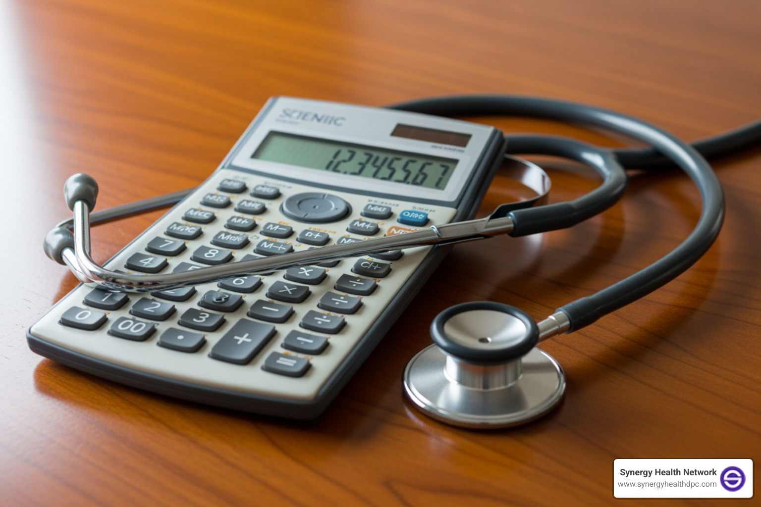 calculator and stethoscope on a desk - cheapest telehealth no insurance
