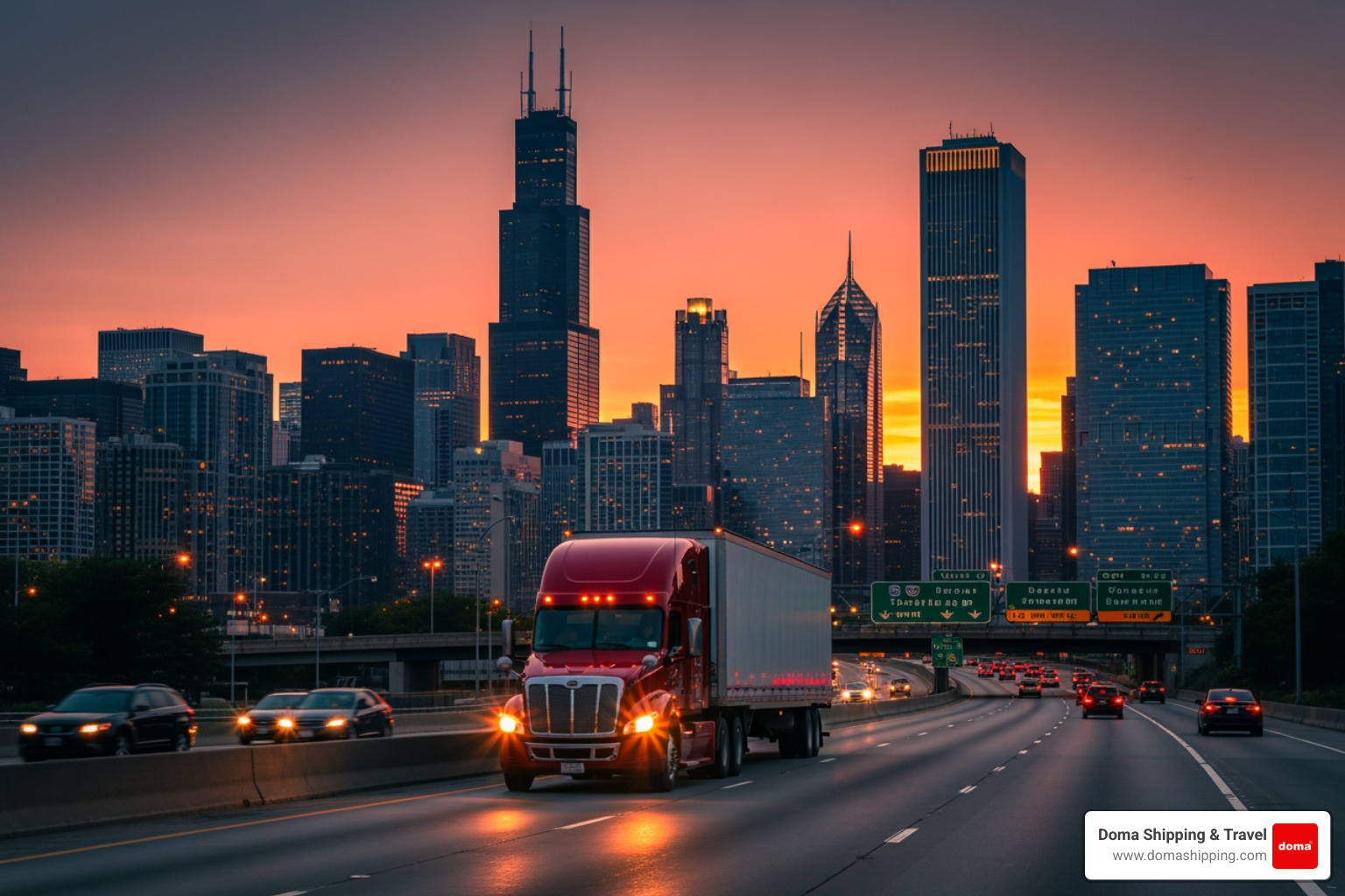 A Doma Shipping employee in a red uniform reviewing international shipping documents with a customer at a warehouse in Chicago - shipping from chicago
