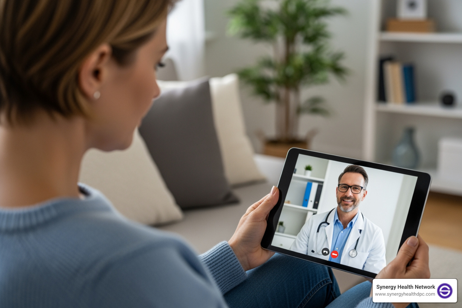 doctor on a tablet screen talking to a patient at home - Online doctor appointment