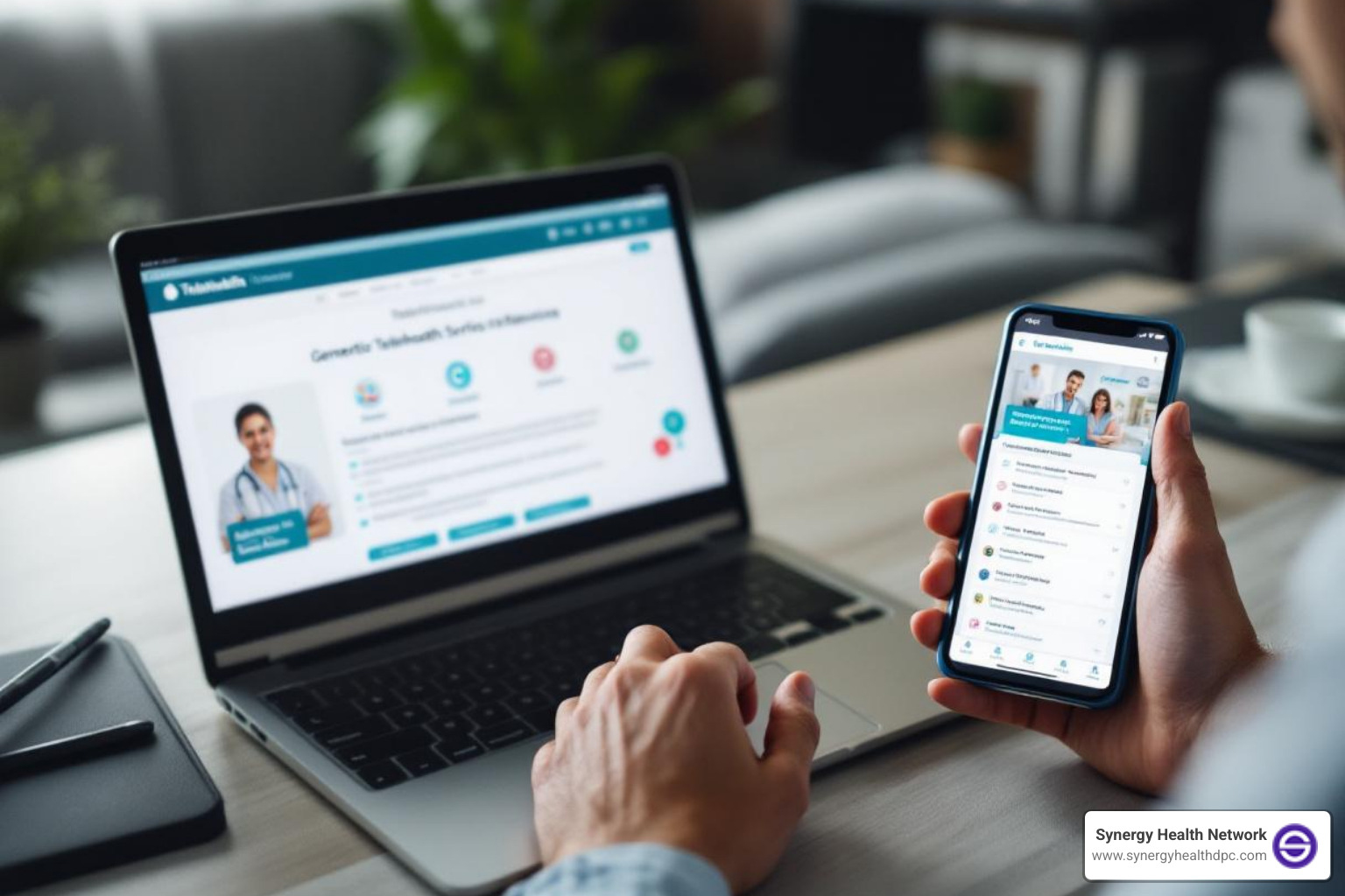 person comparing different telehealth service options on a laptop and phone - cheapest telehealth no insurance