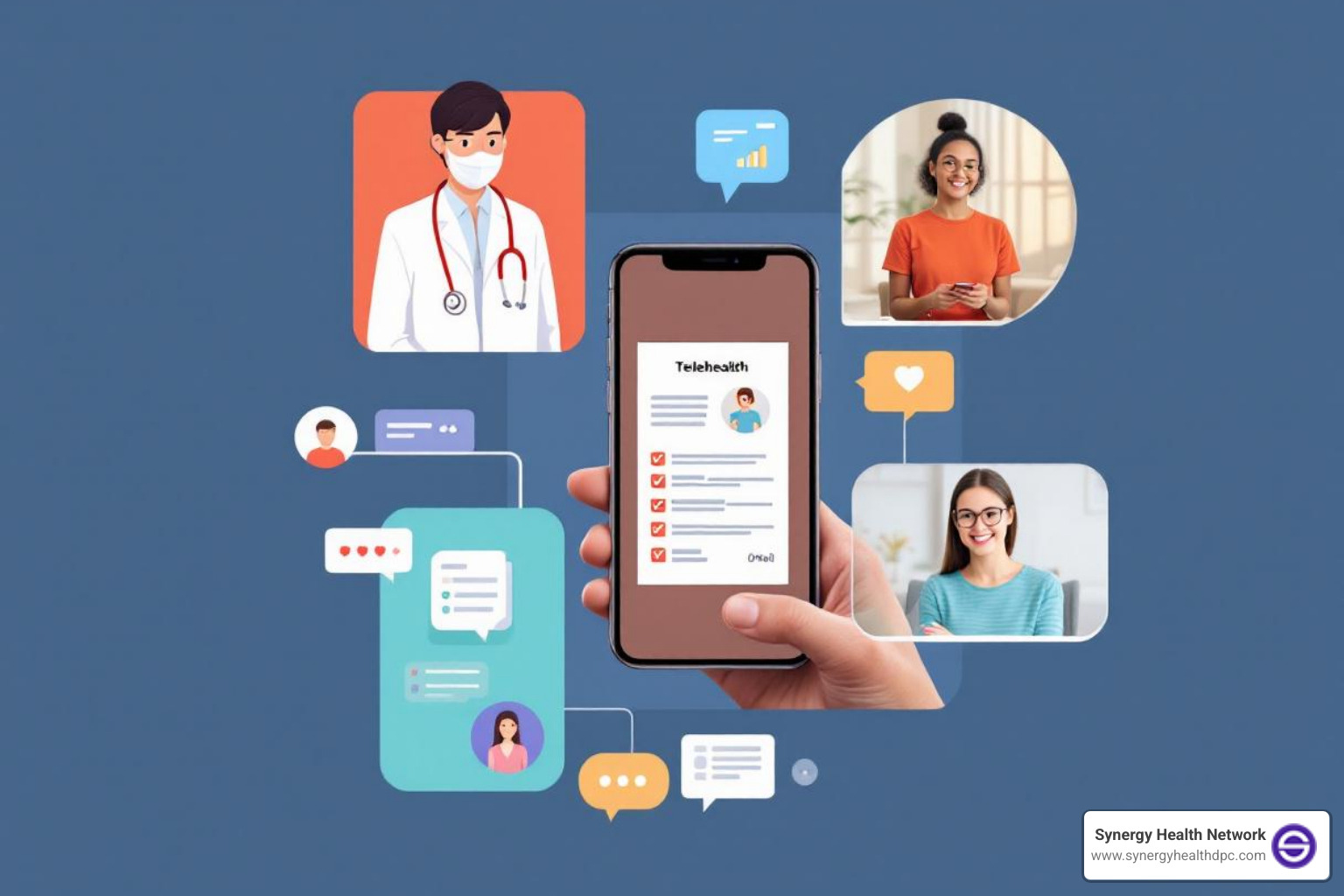 collage showing different telehealth services: video call, prescription on a phone, mental health session - free telehealth